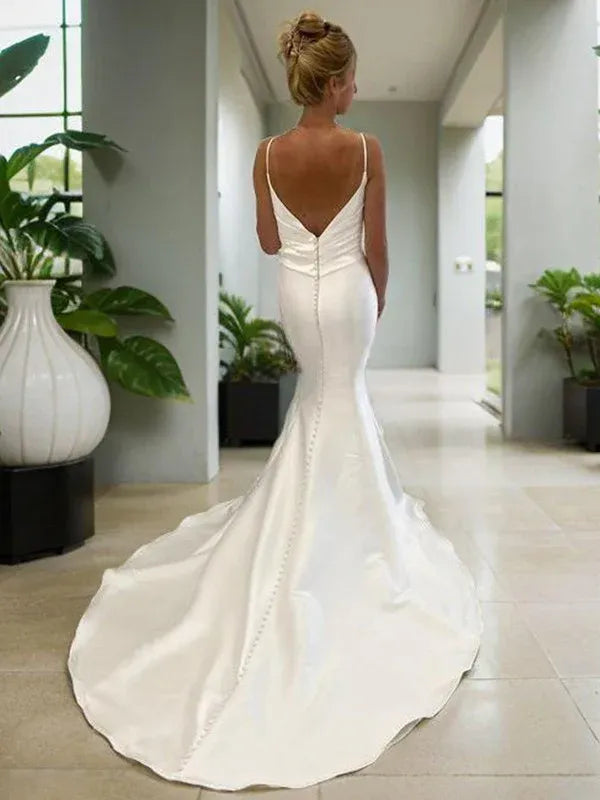 Thin Spaghetti Strap V-Back Ruched Satin Mermaid Floor-Length Wedding Dress