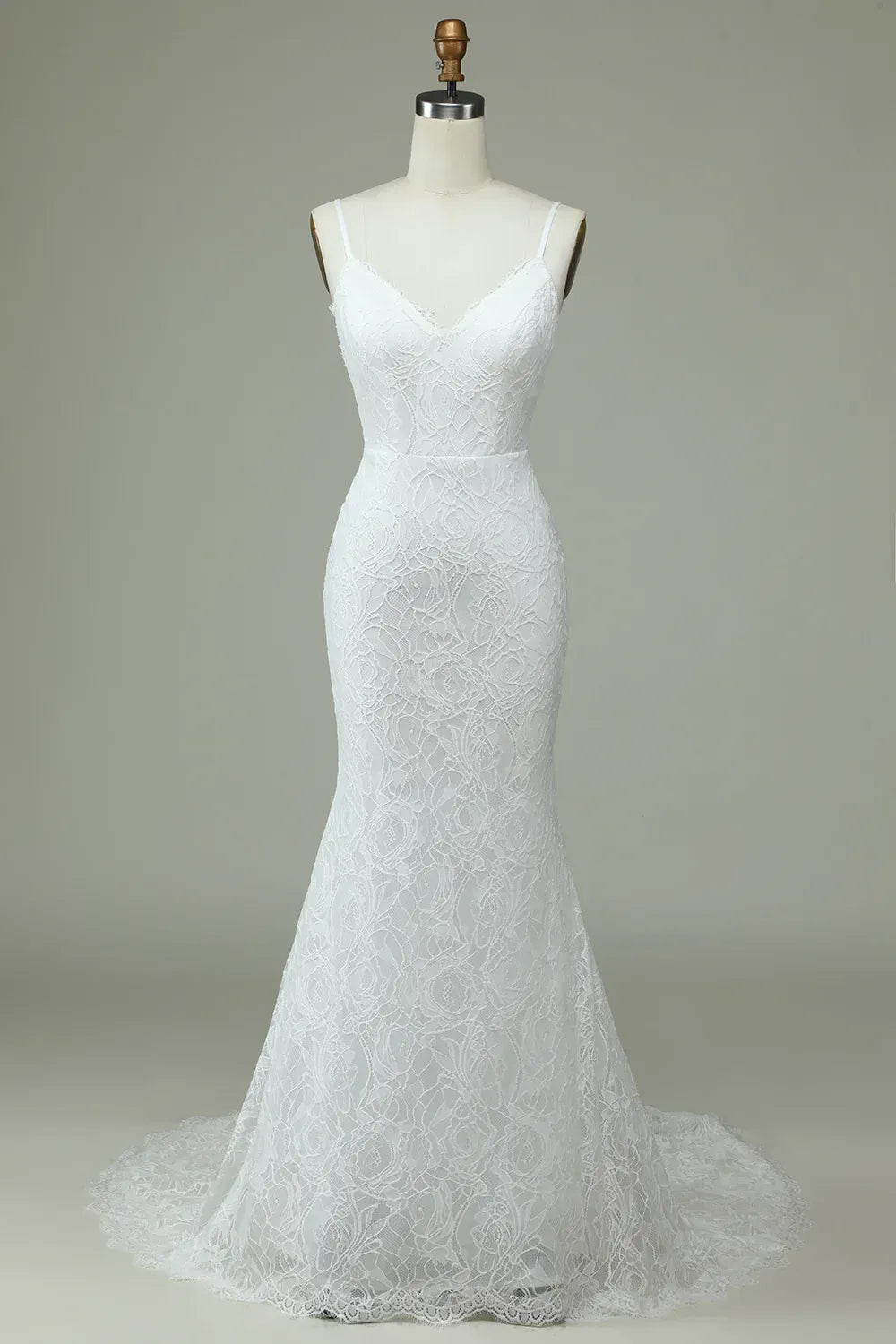 Thin Spaghetti Strap V Neck All Over Rose Lace Mermaid Wedding Dress With Low V Back Train