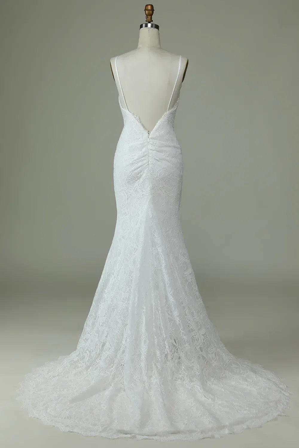 Thin Spaghetti Strap V Neck All Over Rose Lace Mermaid Wedding Dress With Low V Back Train