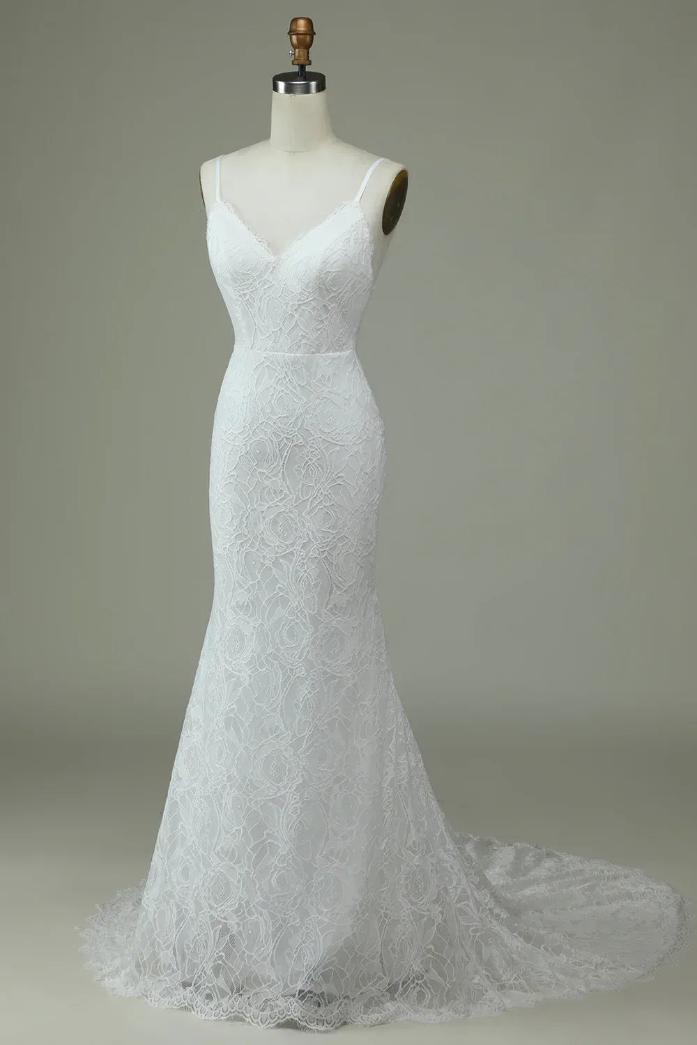 Thin Spaghetti Strap V Neck All Over Rose Lace Mermaid Wedding Dress With Low V Back Train