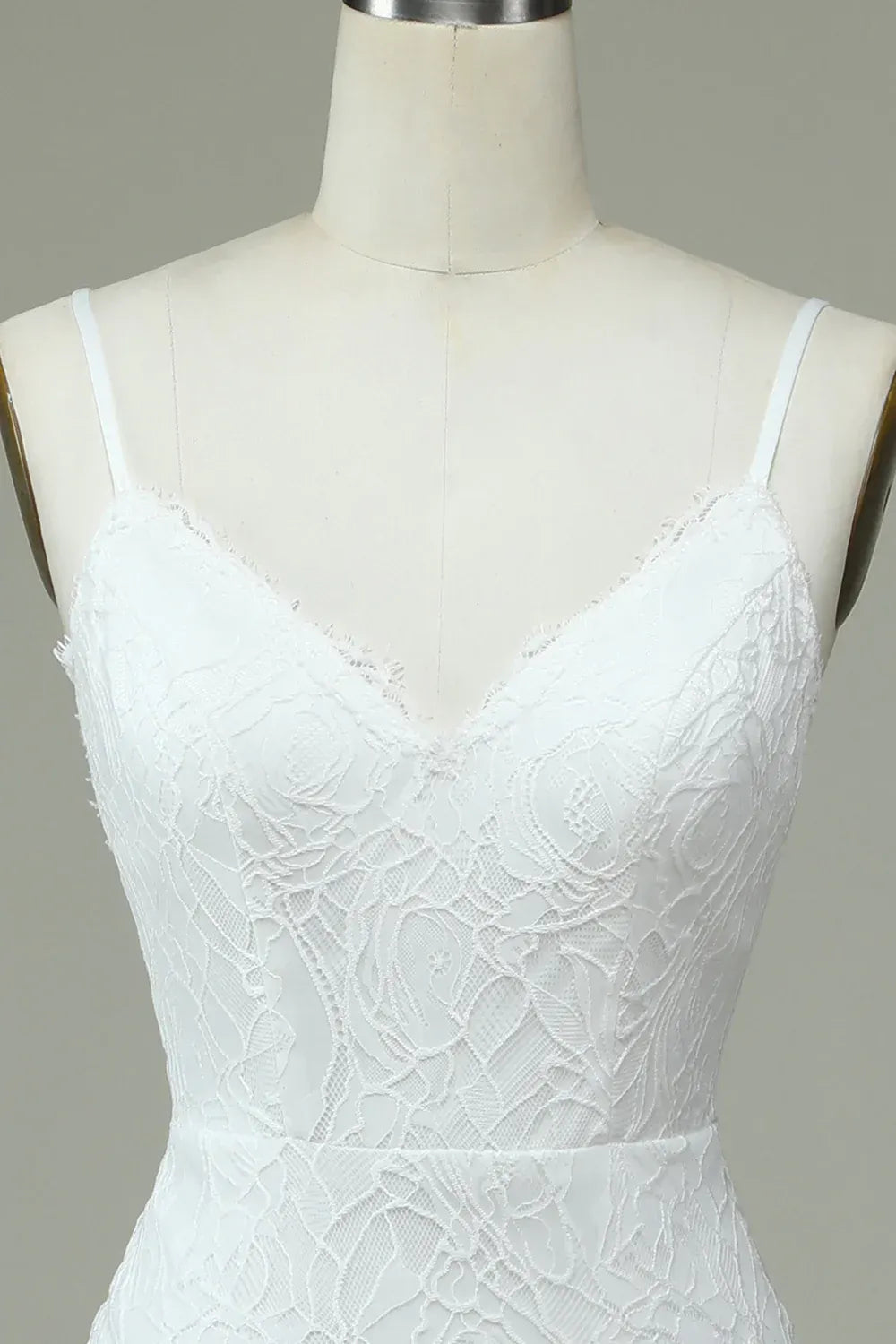 Thin Spaghetti Strap V Neck All Over Rose Lace Mermaid Wedding Dress With Low V Back Train