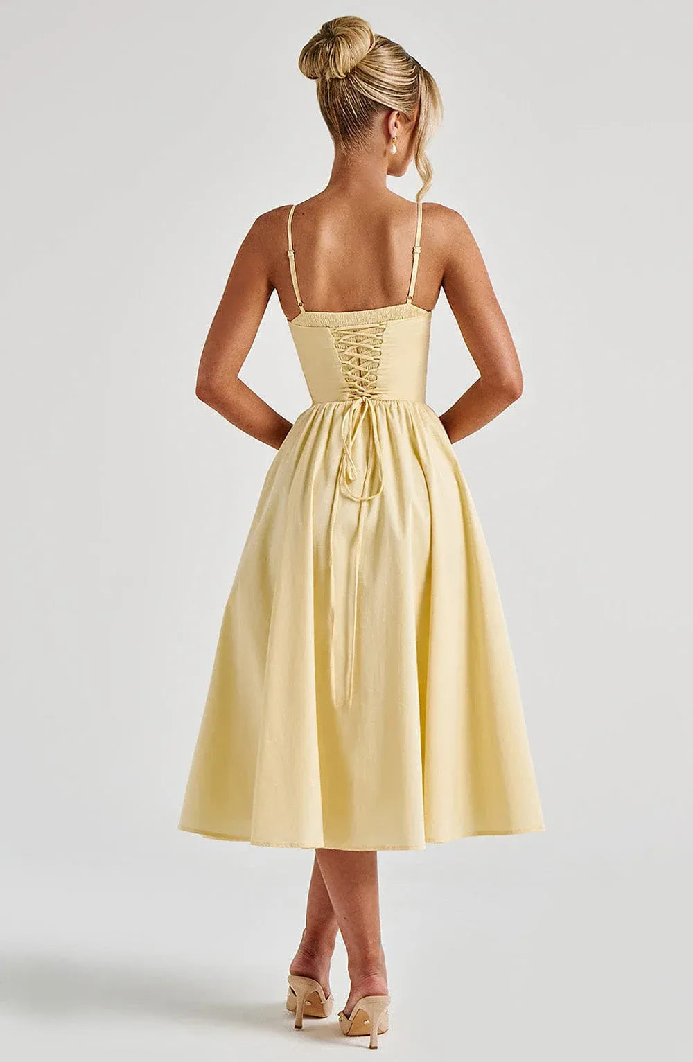 Thin Spaghetti Strap V Neck Corset Bodice A Line Pale Yellow Midi Bridesmaid Dresses