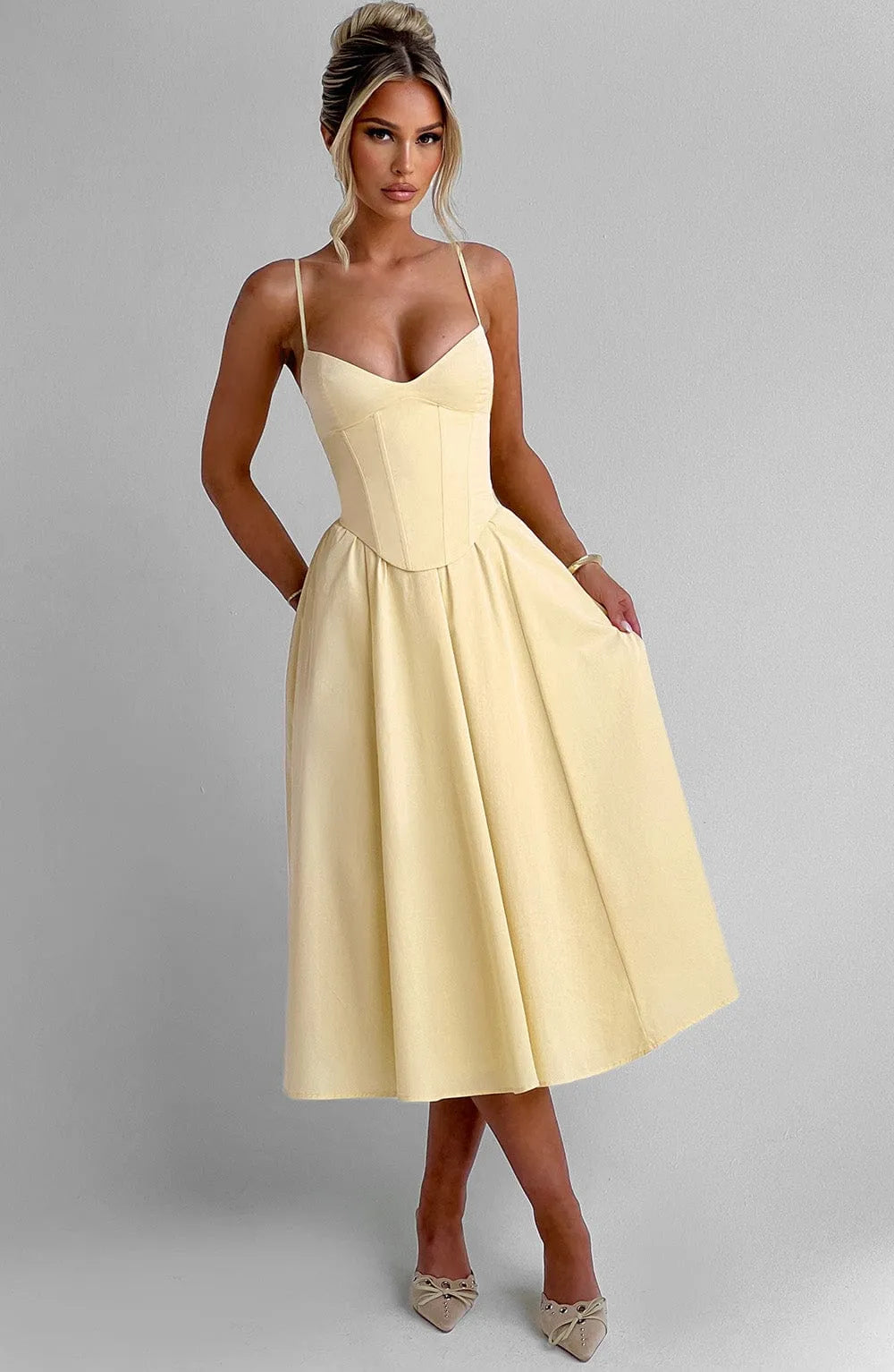 Thin Spaghetti Strap V Neck Corset Bodice A Line Pale Yellow Midi Bridesmaid Dresses