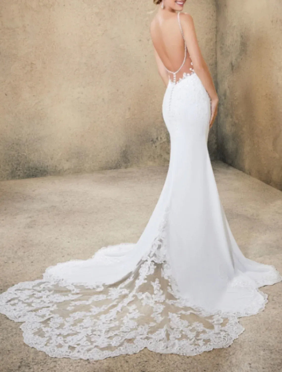 Thin Spaghetti Strap V Neck Lace Crepe Mermaid Wedding Dress Low Back Floral Lace Chapel Train