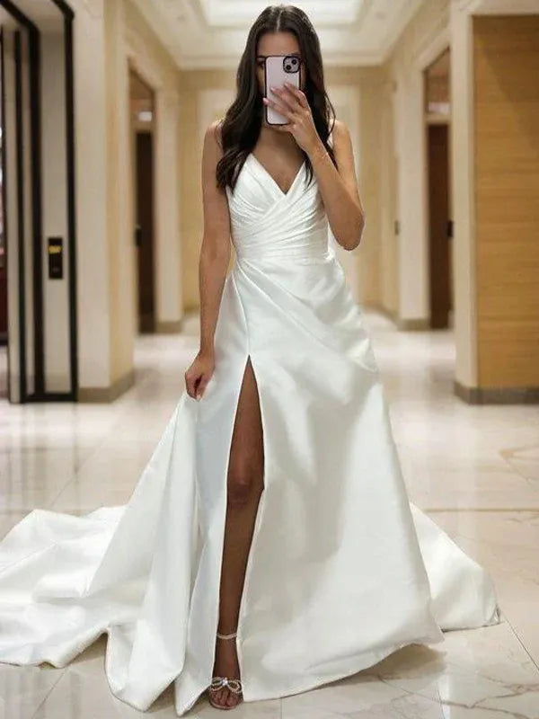 Thin Spaghetti Strap V-Neck Ruched Gloss Satin High Slit A-Line Wedding Dress
