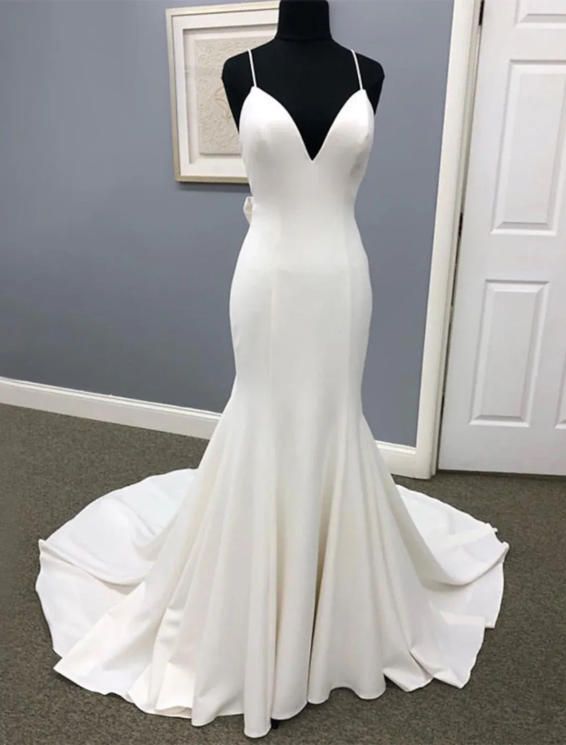 Thin Spaghetti Strap V Neck Satin Mermaid Wedding Dress Bow Open Back Pearl Train