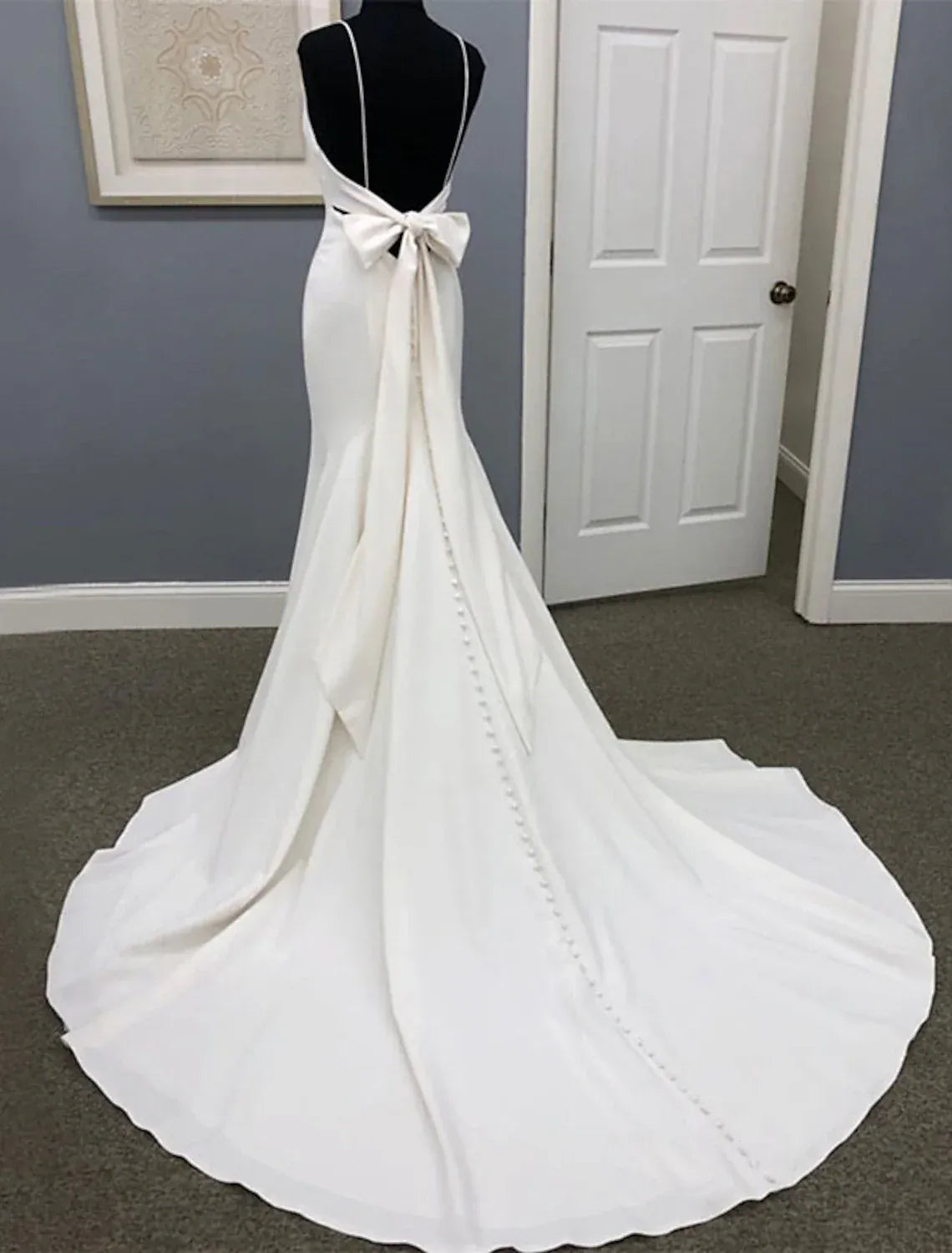 Thin Spaghetti Strap V Neck Satin Mermaid Wedding Dress Bow Open Back Pearl Train