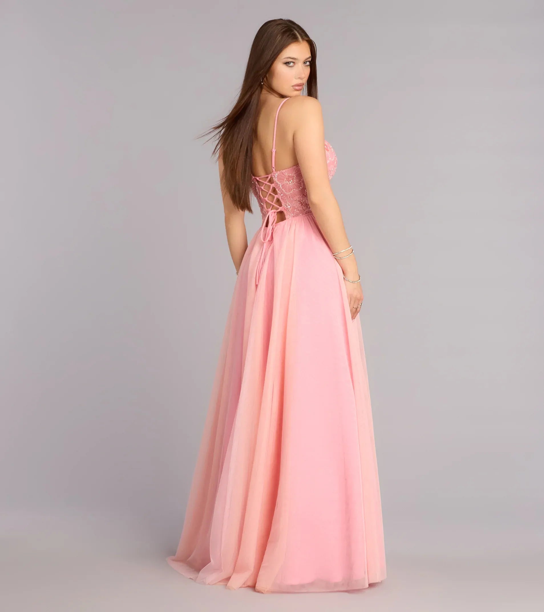 Thin Spaghetti Sweetheart Floral Embroidery Corset Crisscross Lace Up Back Flowy Tulle A Line Maxi Wedding Guest Dress