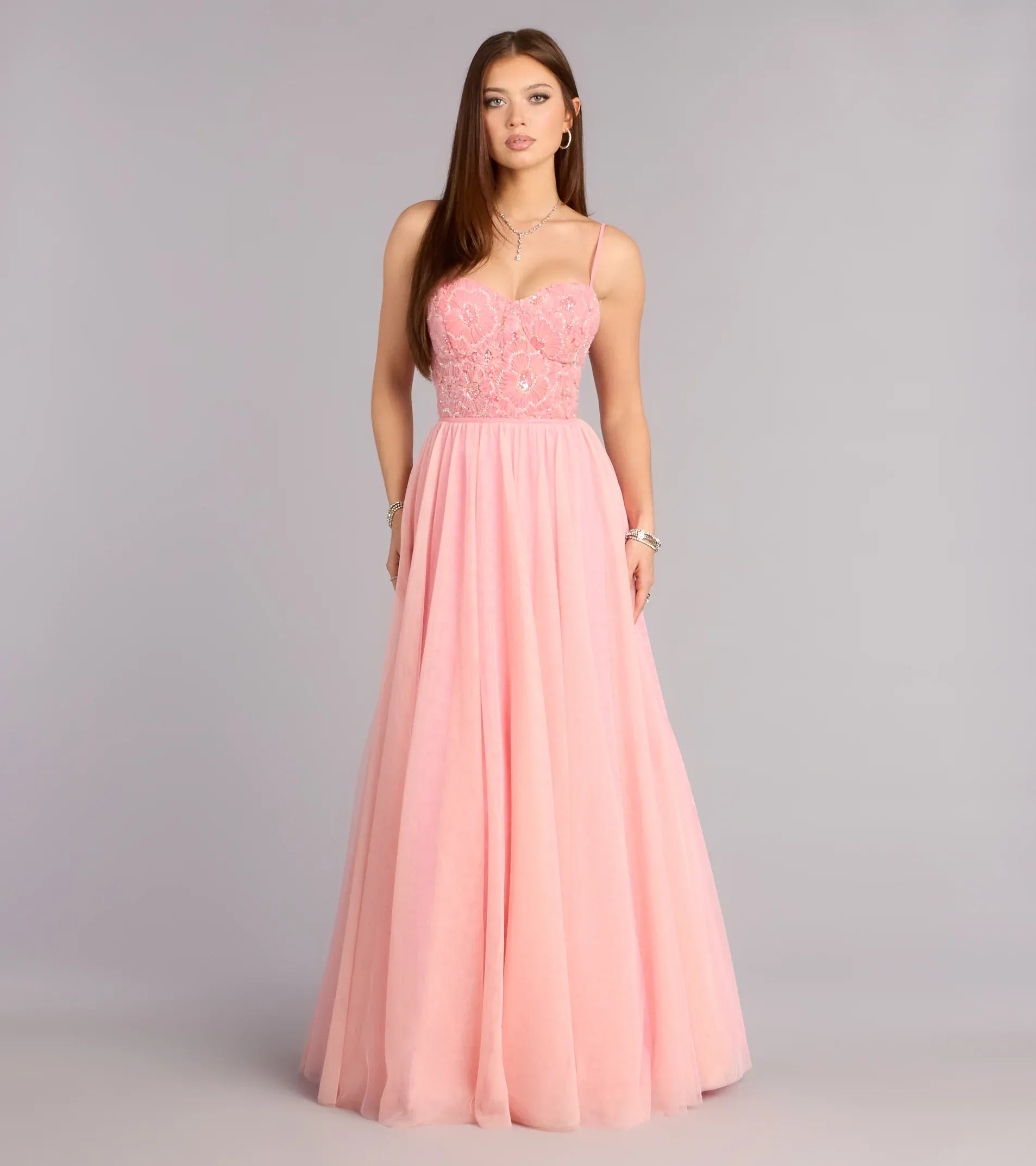 Thin Spaghetti Sweetheart Floral Embroidery Corset Crisscross Lace Up Back Flowy Tulle A Line Maxi Wedding Guest Dress