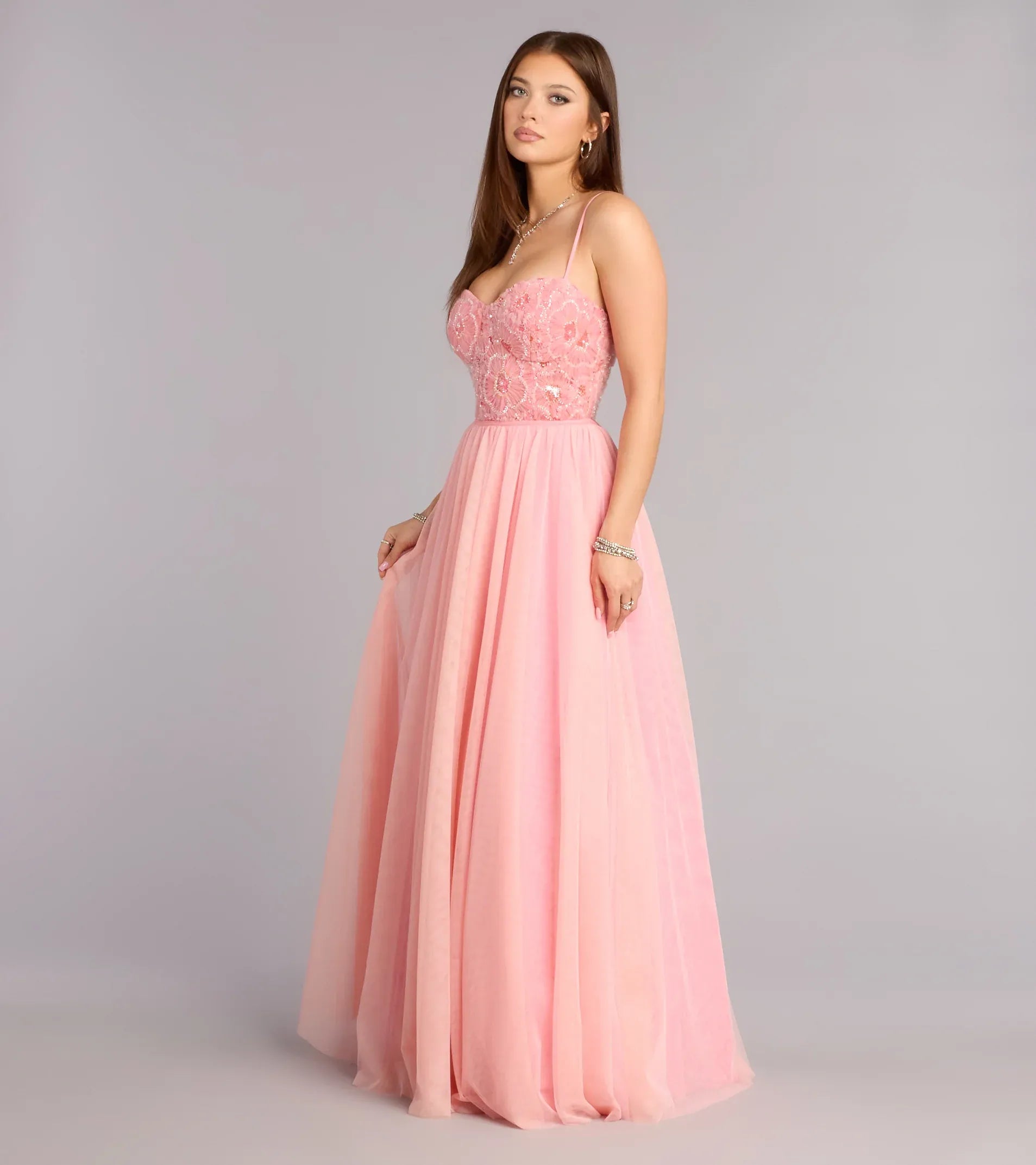 Thin Spaghetti Sweetheart Floral Embroidery Corset Crisscross Lace Up Back Flowy Tulle A Line Maxi Wedding Guest Dress