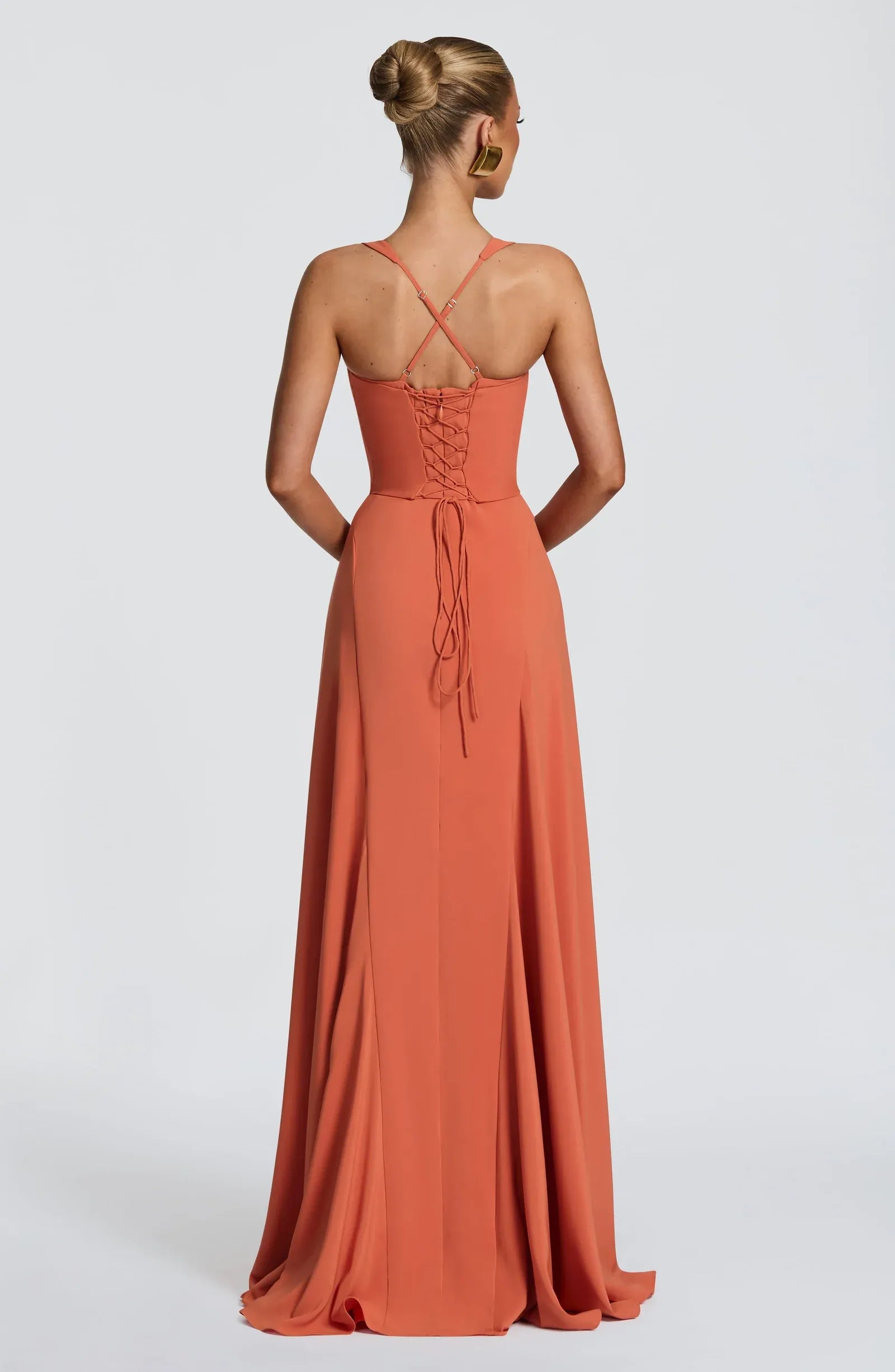 Thin Spaghetti Twist Sweetheart Criss Cross Back Lace Up Plain Slit Terracotta Crepe A Line Maxi Wedding Guest Dresses