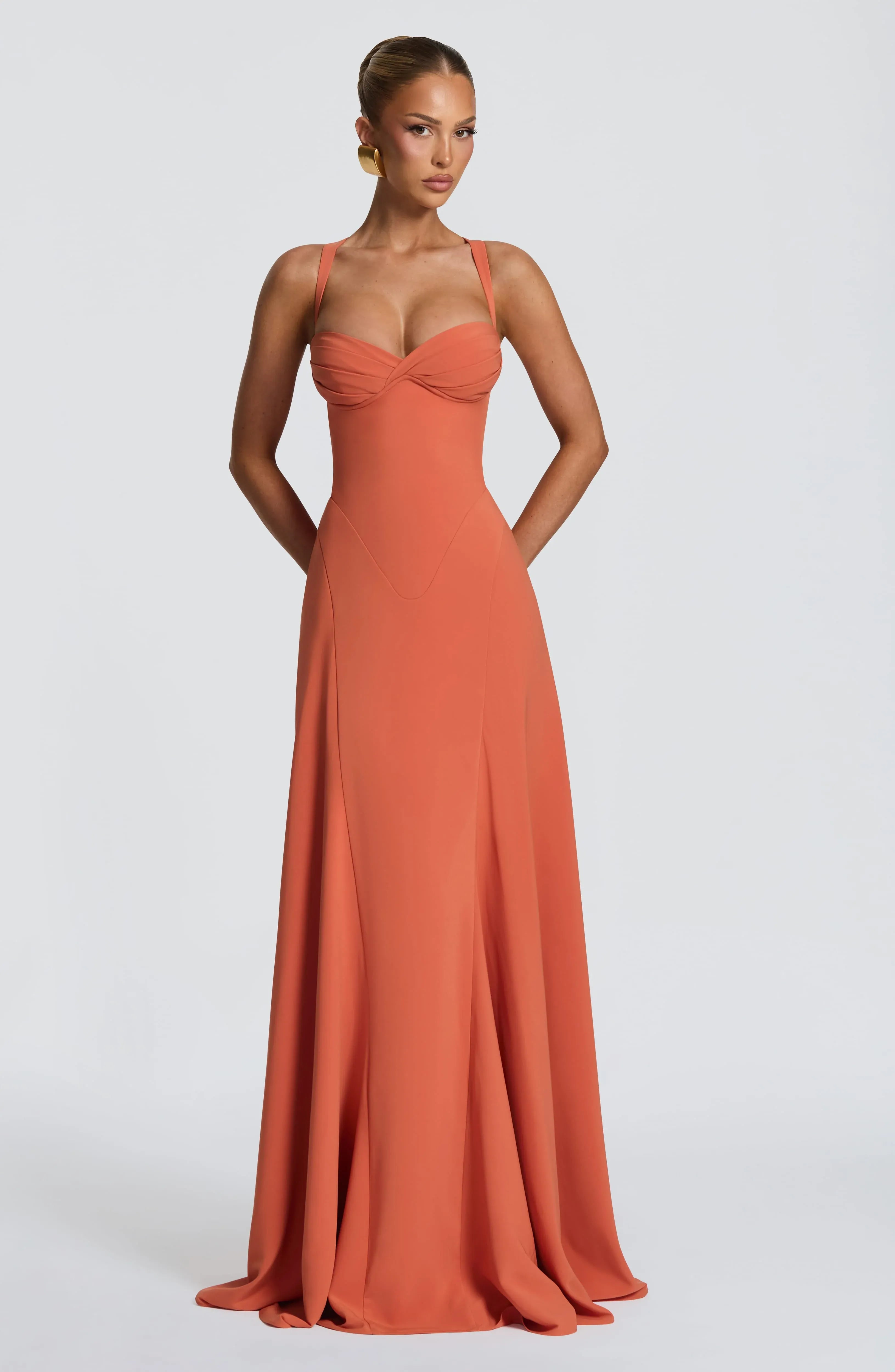 Thin Spaghetti Twist Sweetheart Criss Cross Back Lace Up Plain Slit Terracotta Crepe A Line Maxi Wedding Guest Dresses
