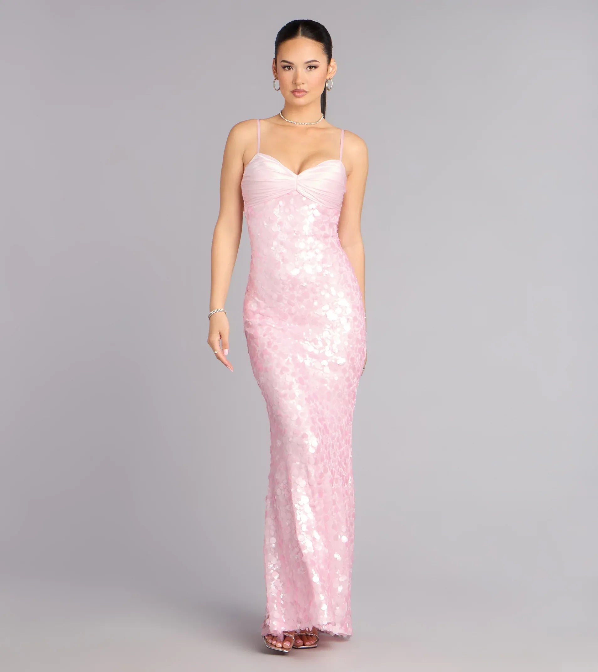 Thin Spaghetti Twisted Sweetheart Large Petal Sequin Mermaid Maxi Wedding Guest Dress