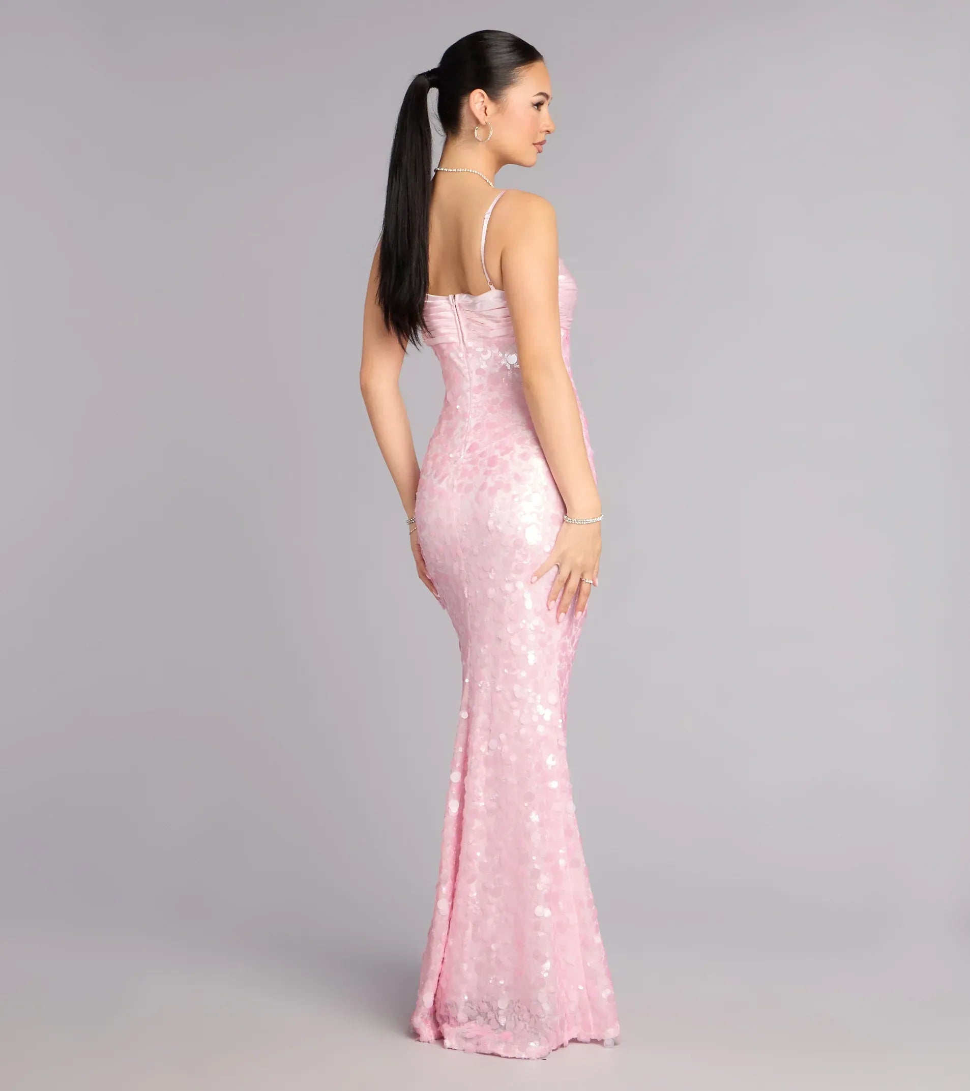 Thin Spaghetti Twisted Sweetheart Large Petal Sequin Mermaid Maxi Wedding Guest Dress
