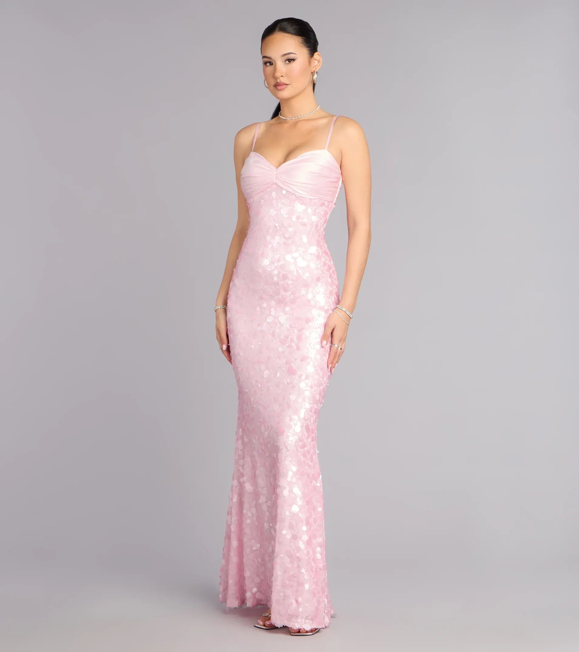 Thin Spaghetti Twisted Sweetheart Large Petal Sequin Mermaid Maxi Wedding Guest Dress