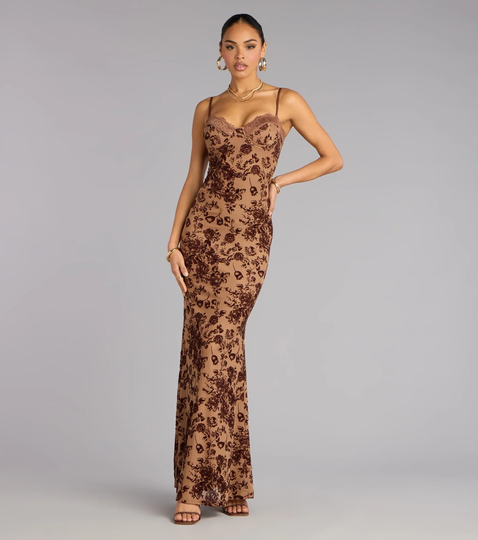Thin Spaghetti Underwire Lace Bust Brown Floral Flocked Mesh Mermaid Maxi Wedding Guest Dress