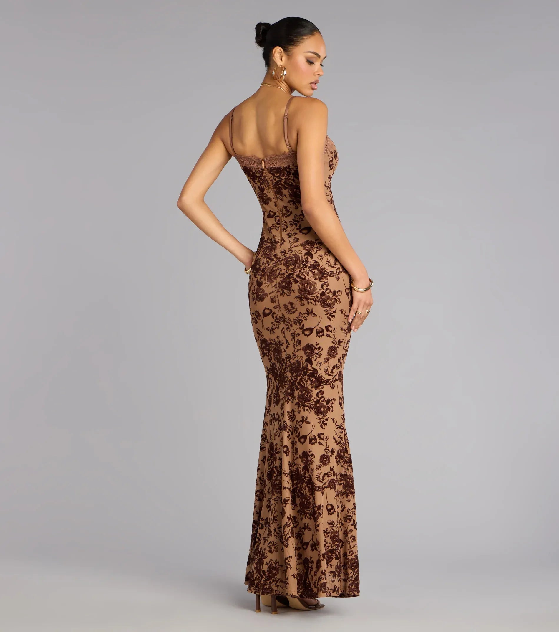 Thin Spaghetti Underwire Lace Bust Brown Floral Flocked Mesh Mermaid Maxi Wedding Guest Dress