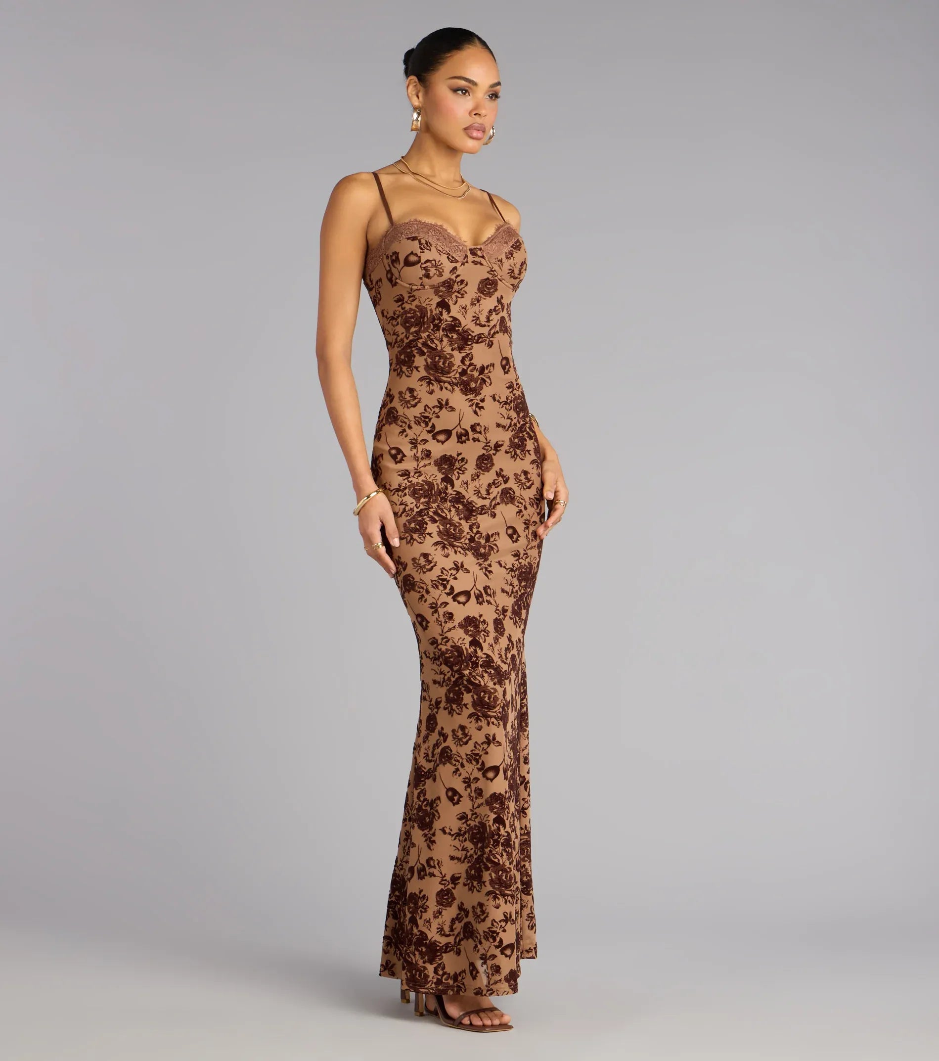 Thin Spaghetti Underwire Lace Bust Brown Floral Flocked Mesh Mermaid Maxi Wedding Guest Dress