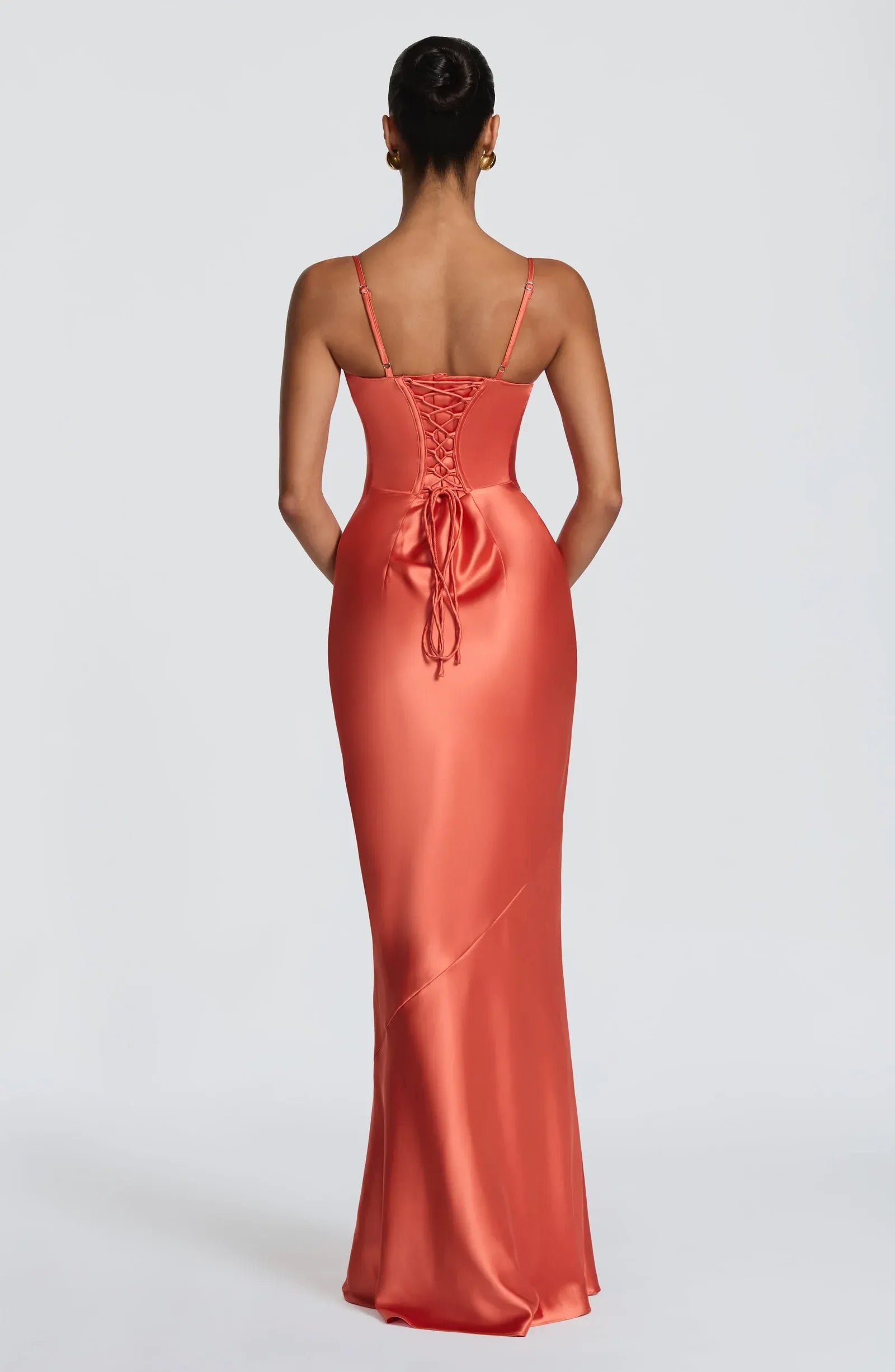 Thin Spaghetti Underwire Sweetheart Criss Cross Back Lace Up Plain Slit Terracotta Satin Mermaid Maxi Wedding Guest Dresses