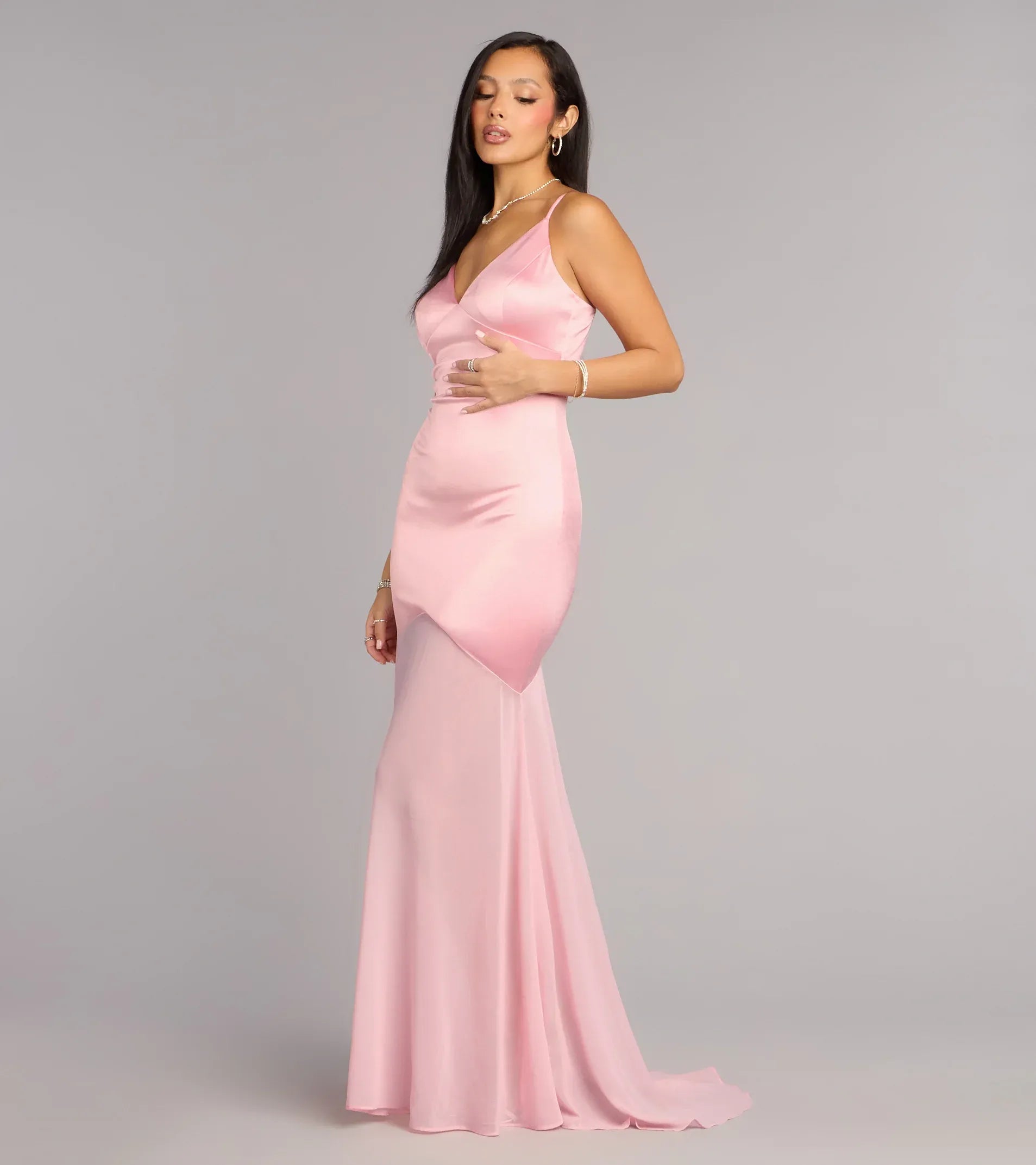 Thin Spaghetti V Neck Crisscross Tie Back Two-Tone Satin Mermaid Maxi Wedding Guest Dress