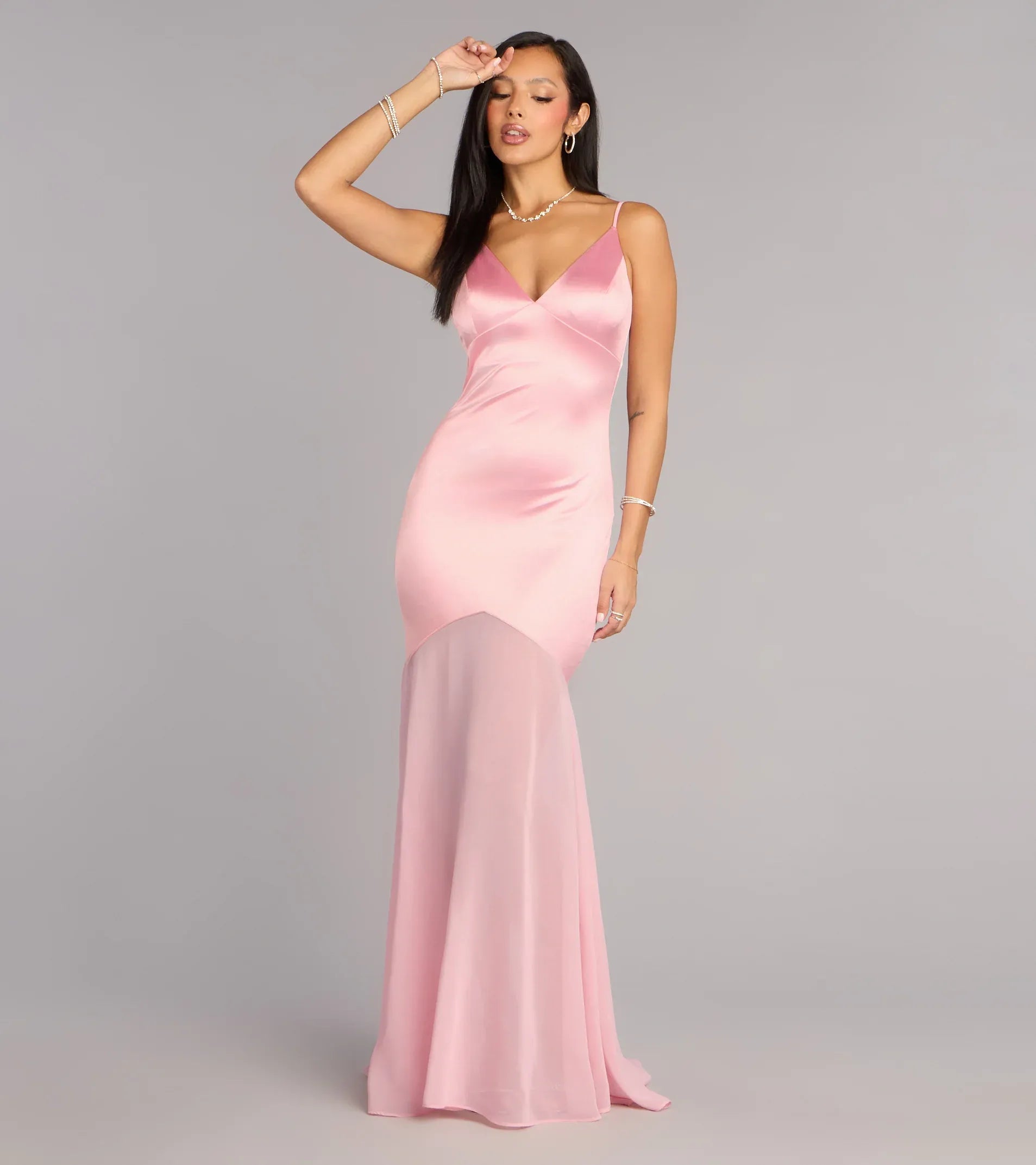 Thin Spaghetti V Neck Crisscross Tie Back Two-Tone Satin Mermaid Maxi Wedding Guest Dress