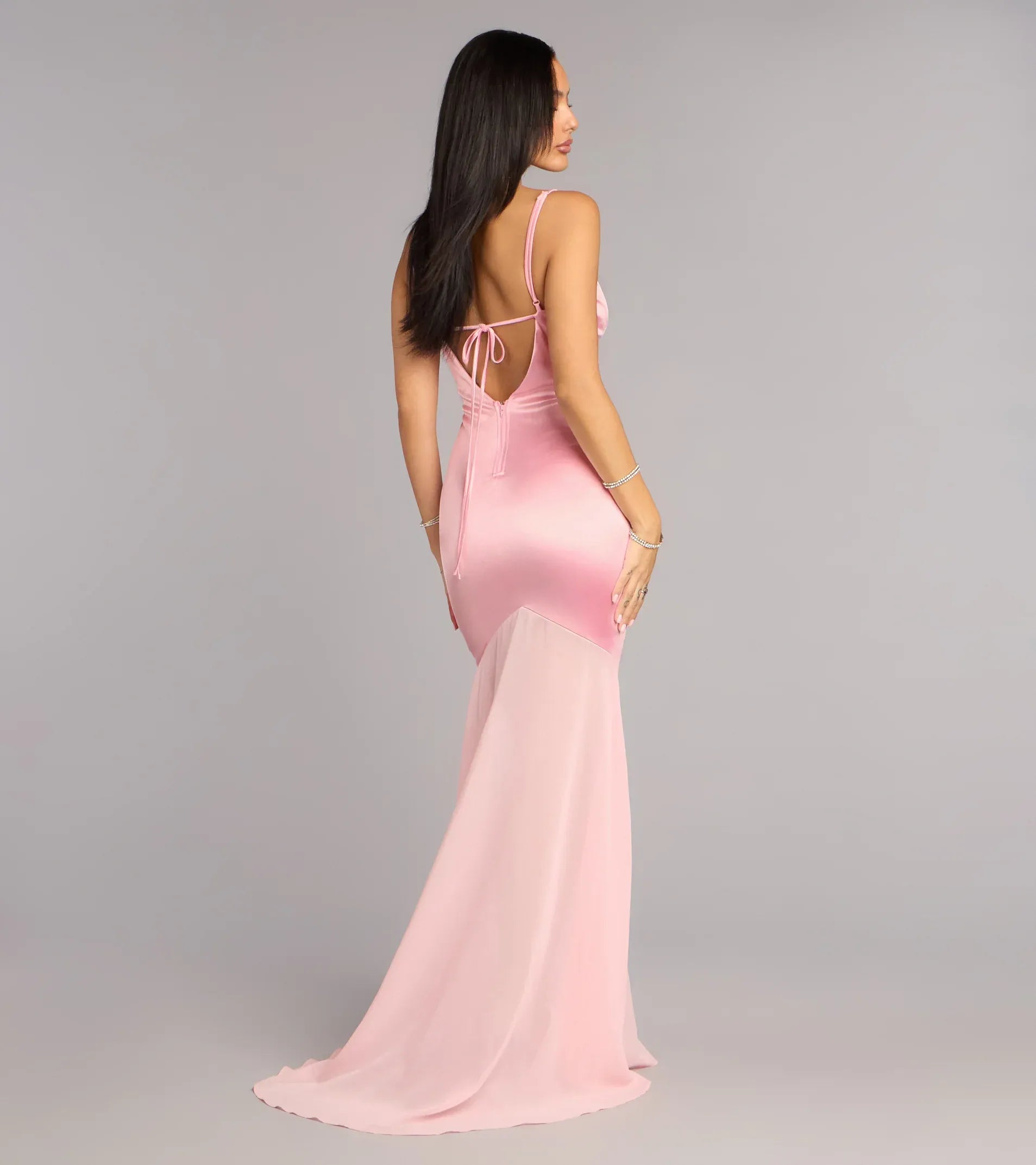 Thin Spaghetti V Neck Crisscross Tie Back Two-Tone Satin Mermaid Maxi Wedding Guest Dress