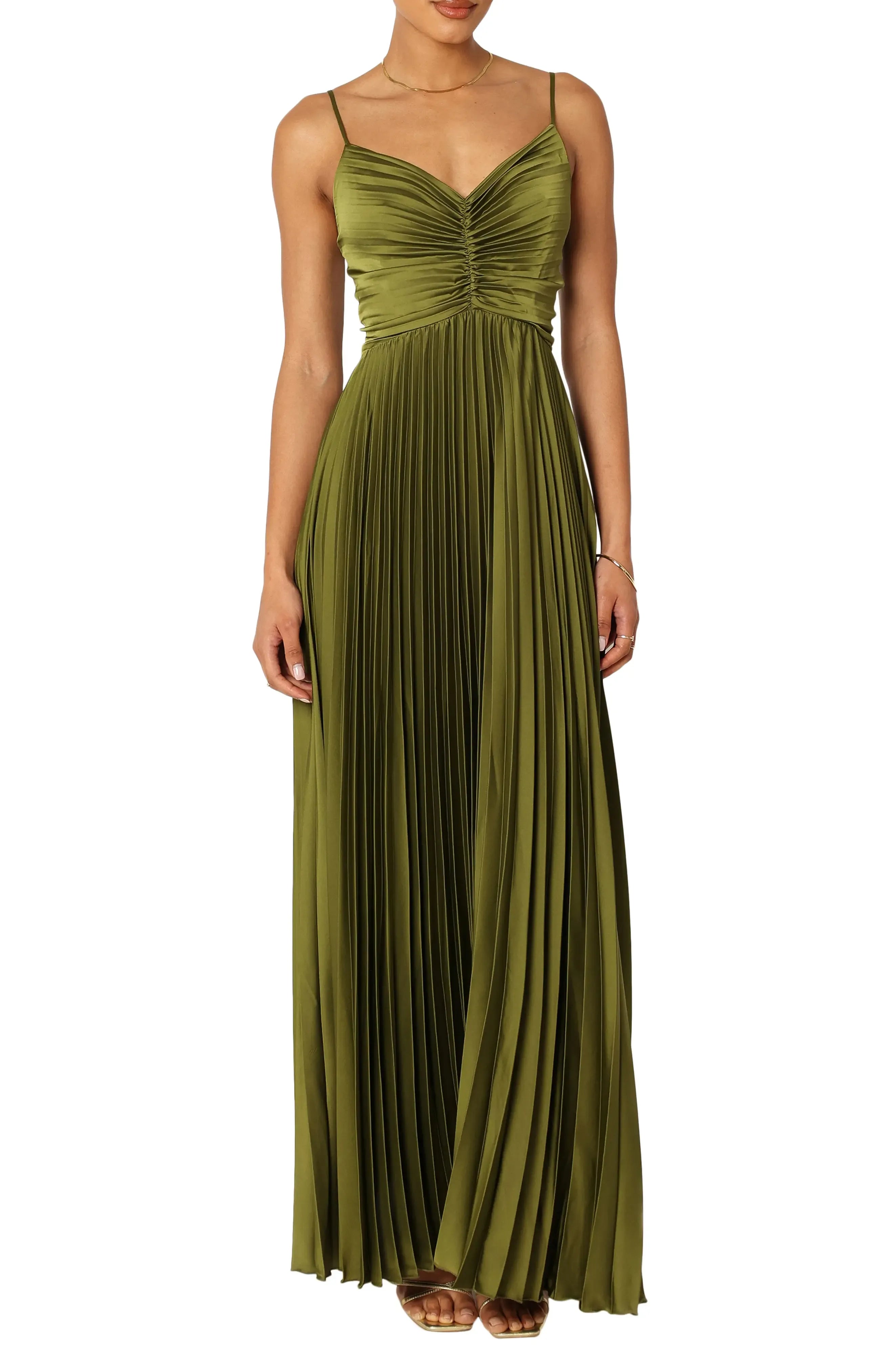 Thin Spaghetti V Neck Ruched Bodice Pleated Plain Back Plain Slit Olive Satin A Line Maxi Wedding Guest Dresses