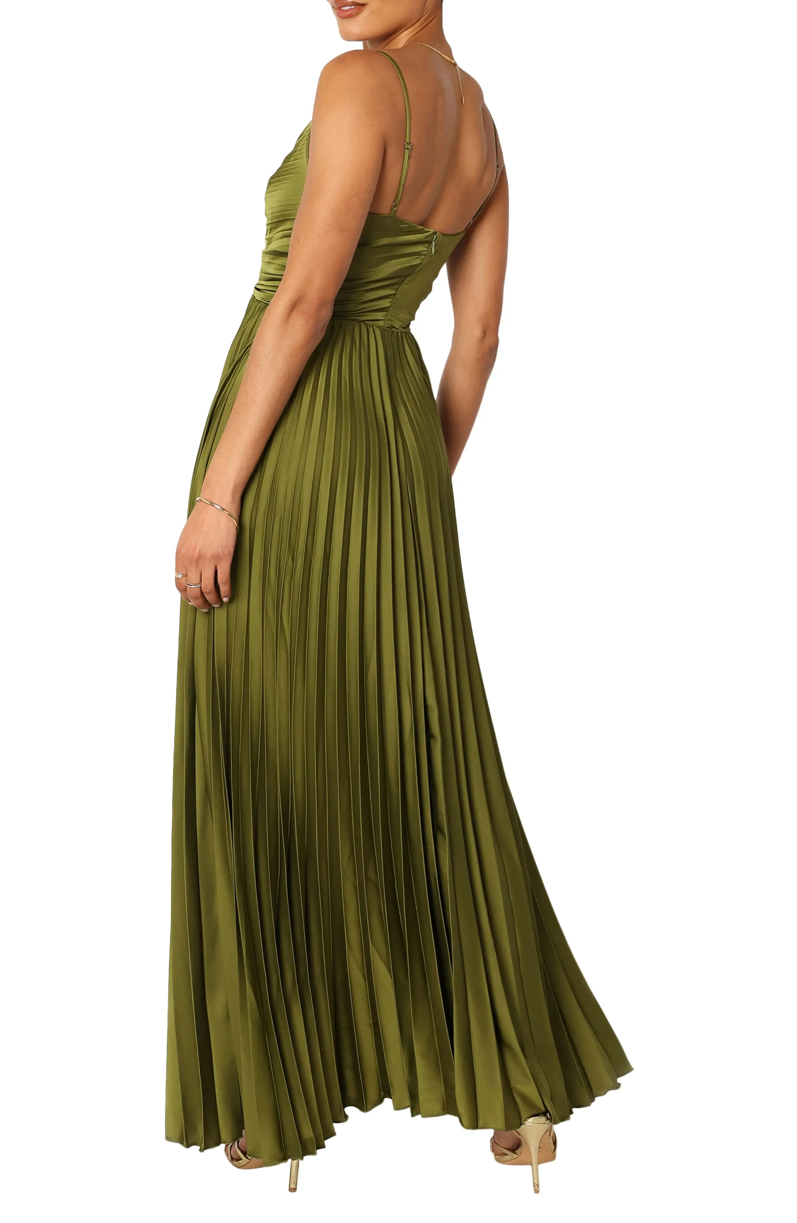 Thin Spaghetti V Neck Ruched Bodice Pleated Plain Back Plain Slit Olive Satin A Line Maxi Wedding Guest Dresses