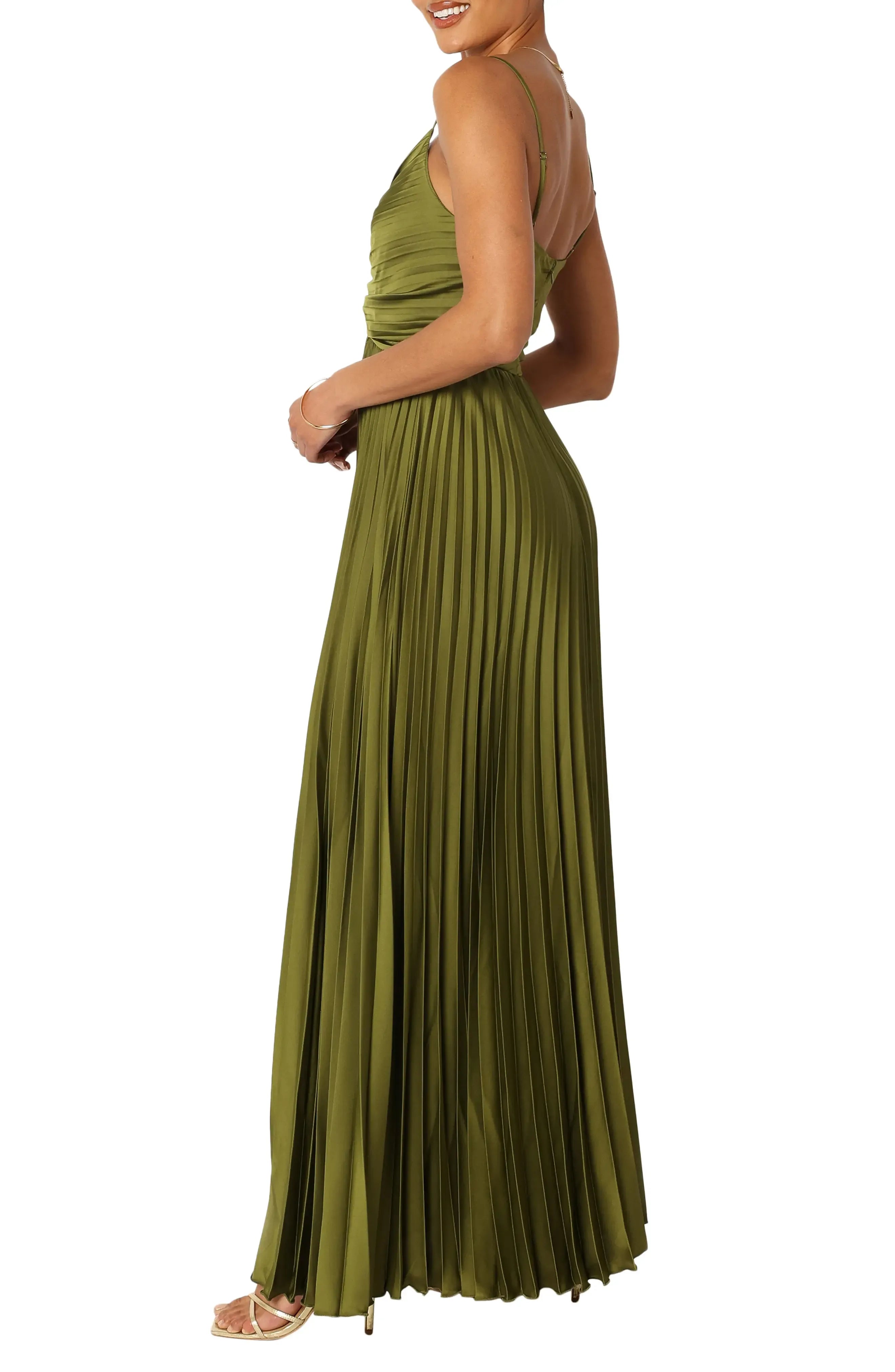 Thin Spaghetti V Neck Ruched Bodice Pleated Plain Back Plain Slit Olive Satin A Line Maxi Wedding Guest Dresses