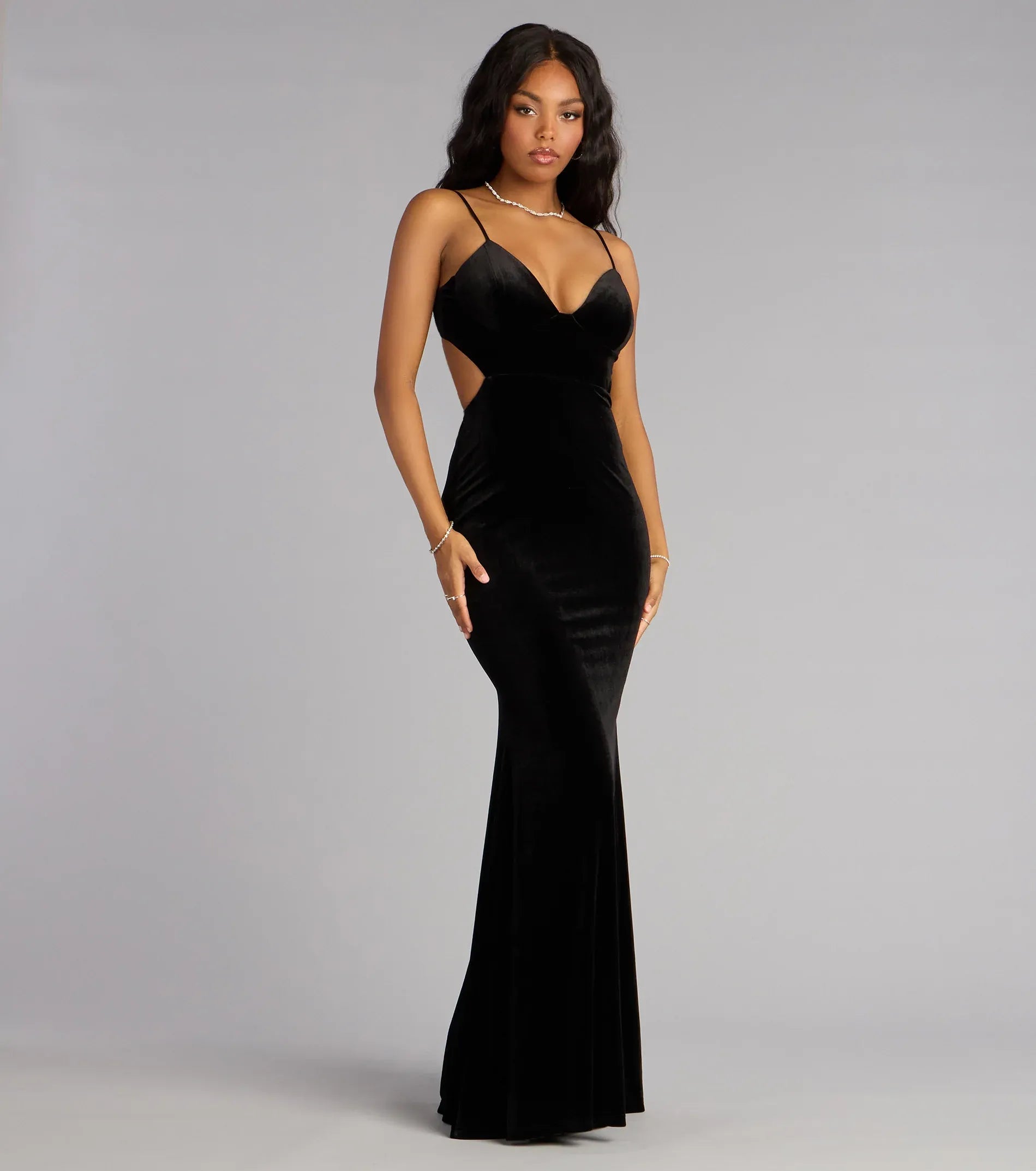 Thin Spaghetti V Neck Side Cutout Back Black Velvet Mermaid Maxi Wedding Guest Dress