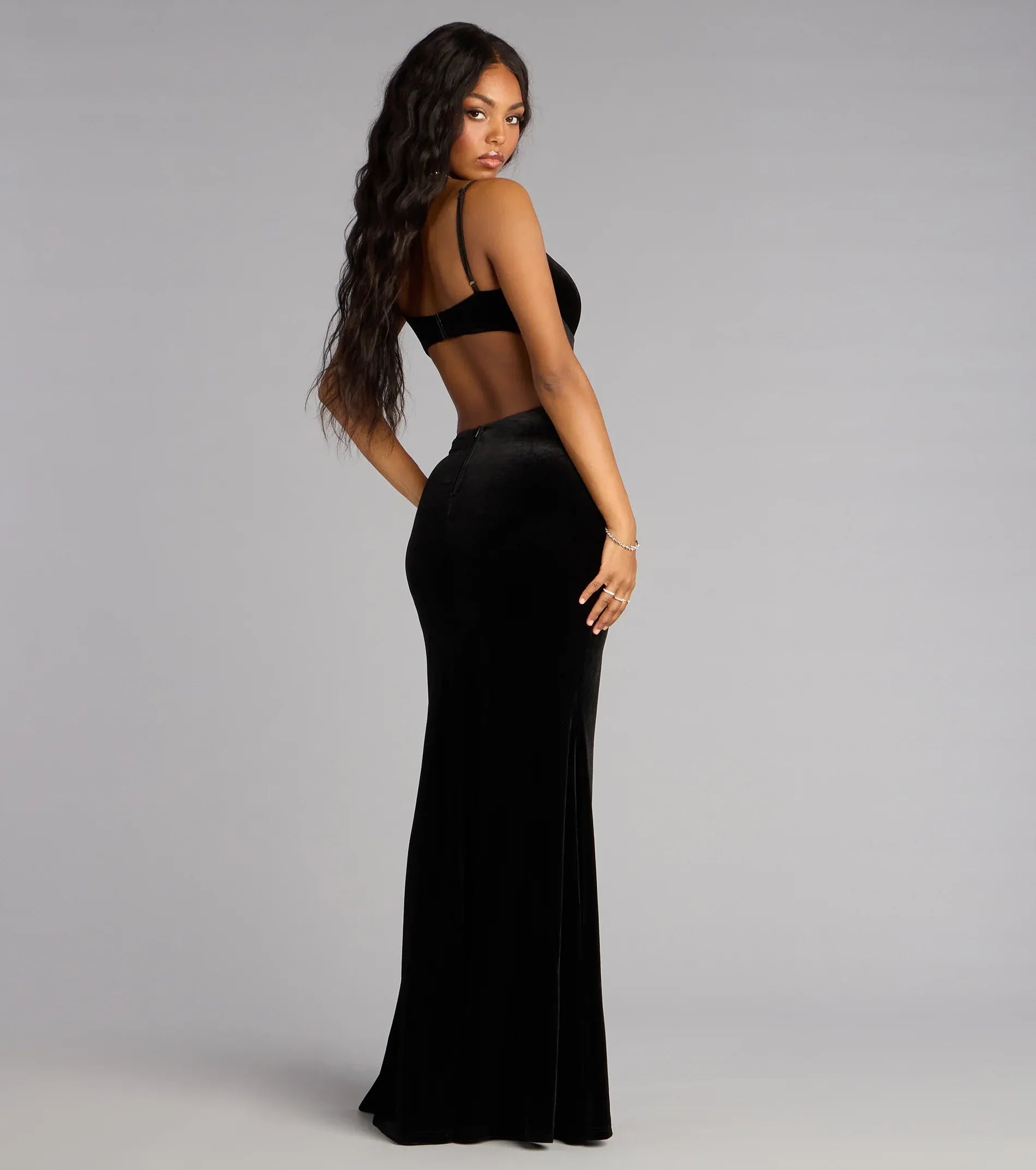Thin Spaghetti V Neck Side Cutout Back Black Velvet Mermaid Maxi Wedding Guest Dress