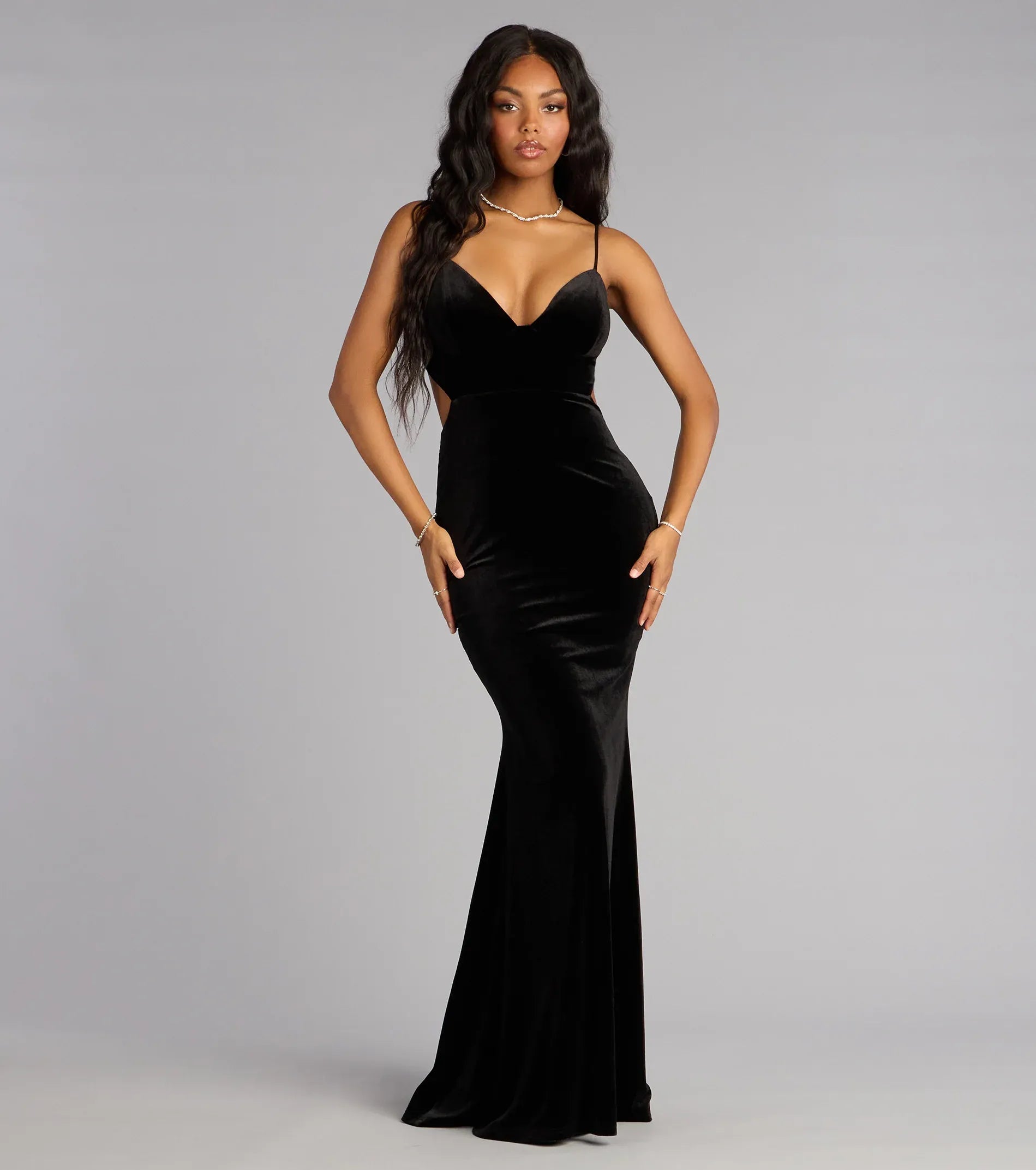 Thin Spaghetti V Neck Side Cutout Back Black Velvet Mermaid Maxi Wedding Guest Dress