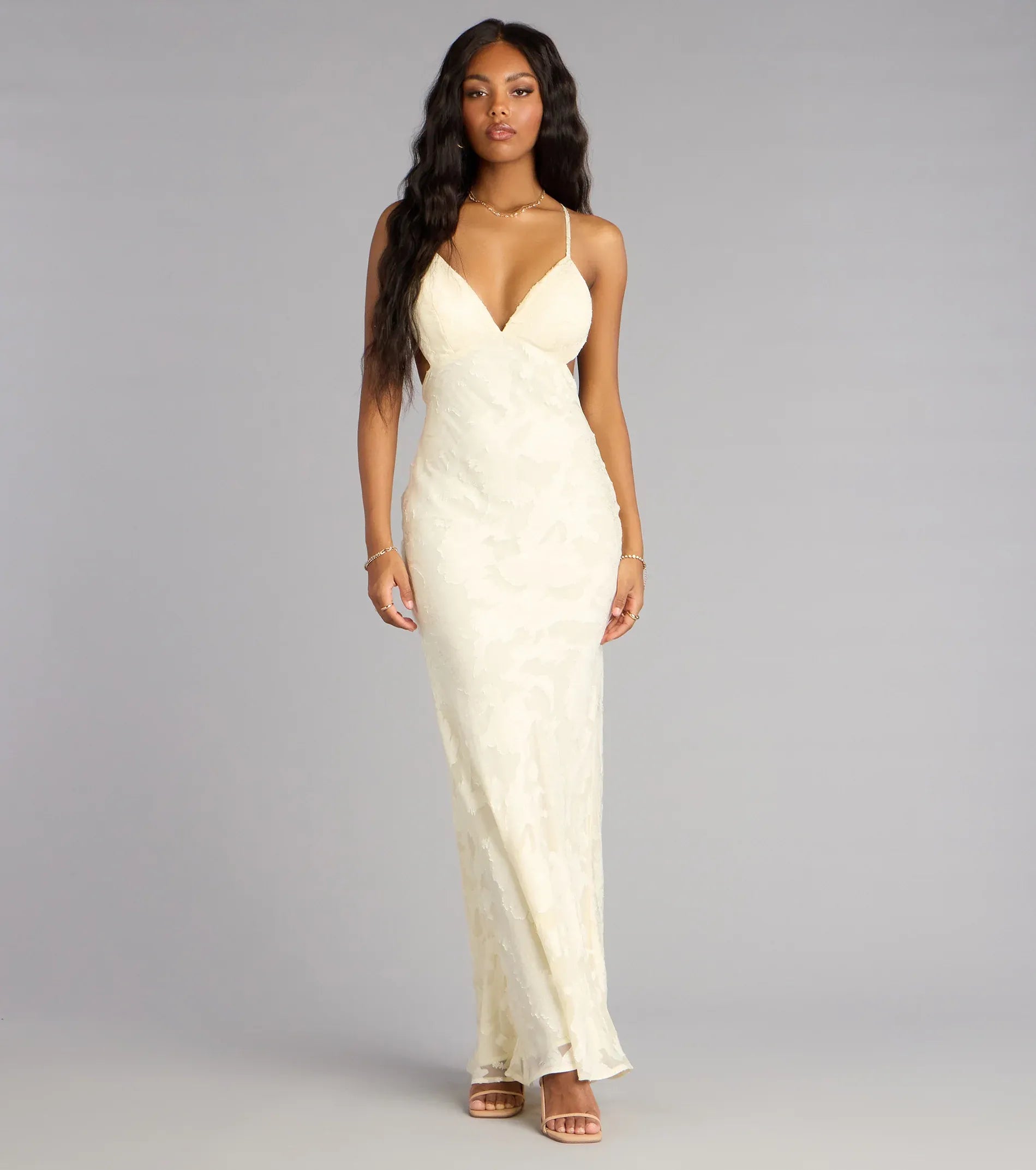 Thin Spaghetti V Neck Side Cutout Tie Open Back Floral Jacquard Mermaid Maxi Wedding Guest Dress