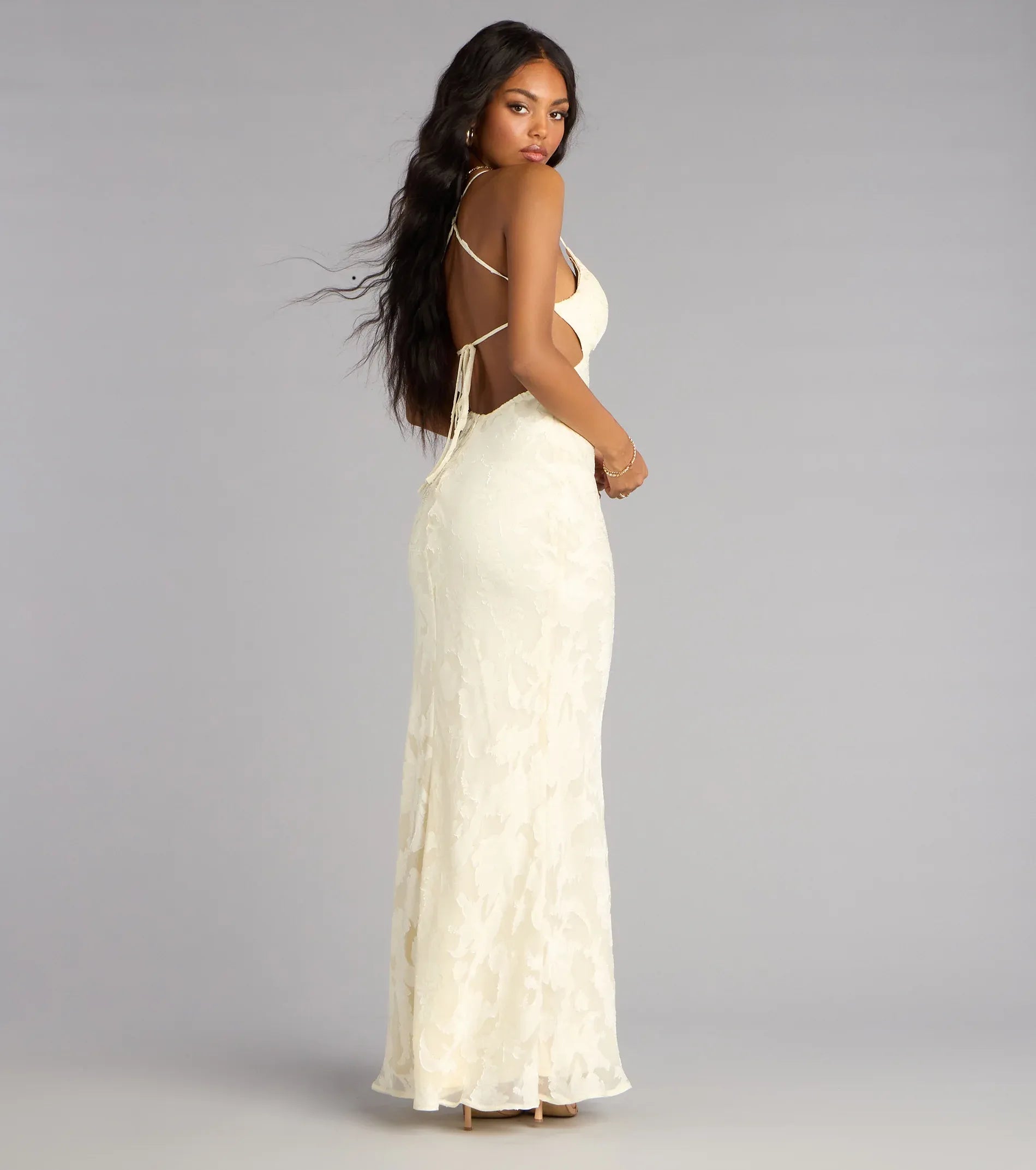 Thin Spaghetti V Neck Side Cutout Tie Open Back Floral Jacquard Mermaid Maxi Wedding Guest Dress
