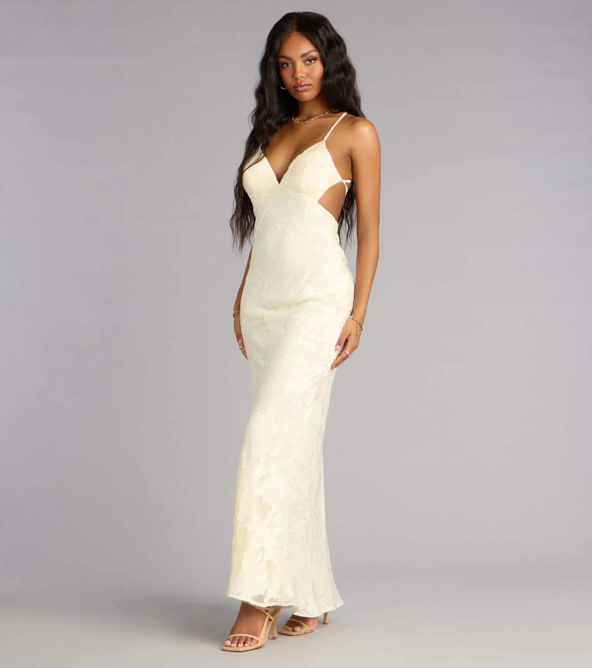Thin Spaghetti V Neck Side Cutout Tie Open Back Floral Jacquard Mermaid Maxi Wedding Guest Dress