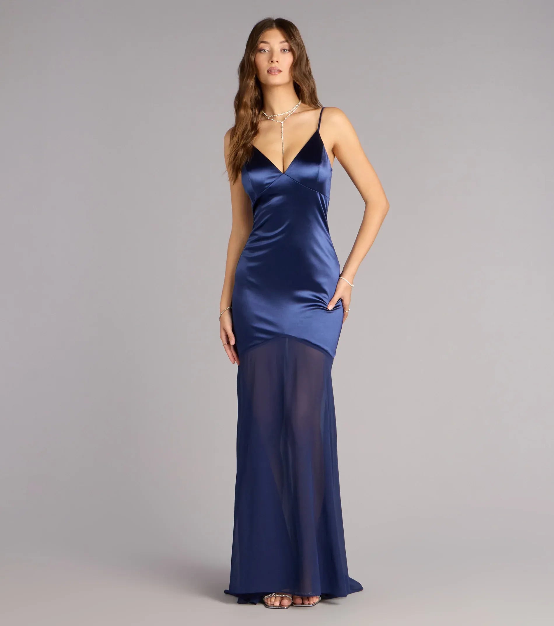 Thin Spaghetti V Neck Two-Tone Satin Mesh Mermaid Maxi Wedding Guest Dress