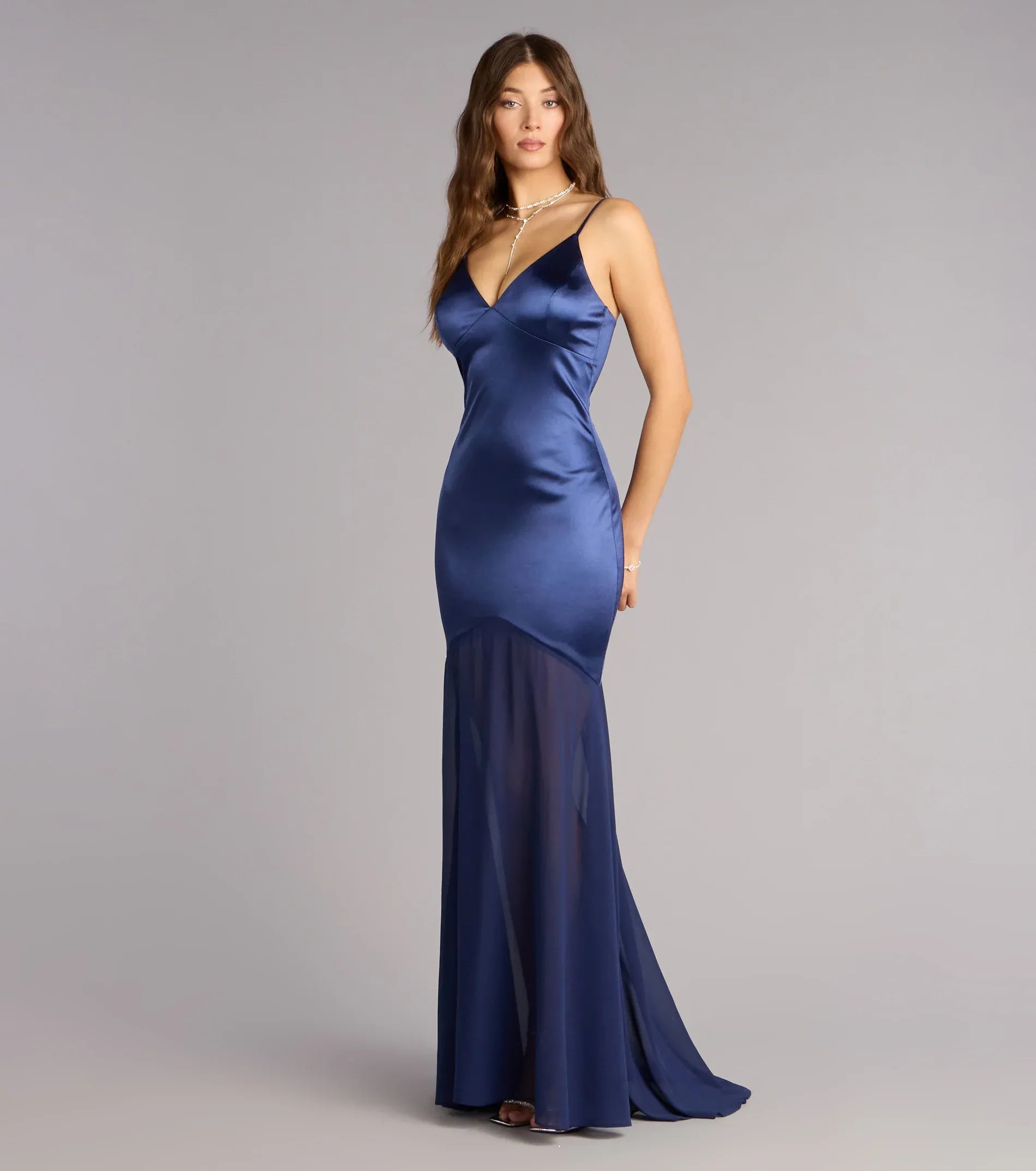 Thin Spaghetti V Neck Two-Tone Satin Mesh Mermaid Maxi Wedding Guest Dress
