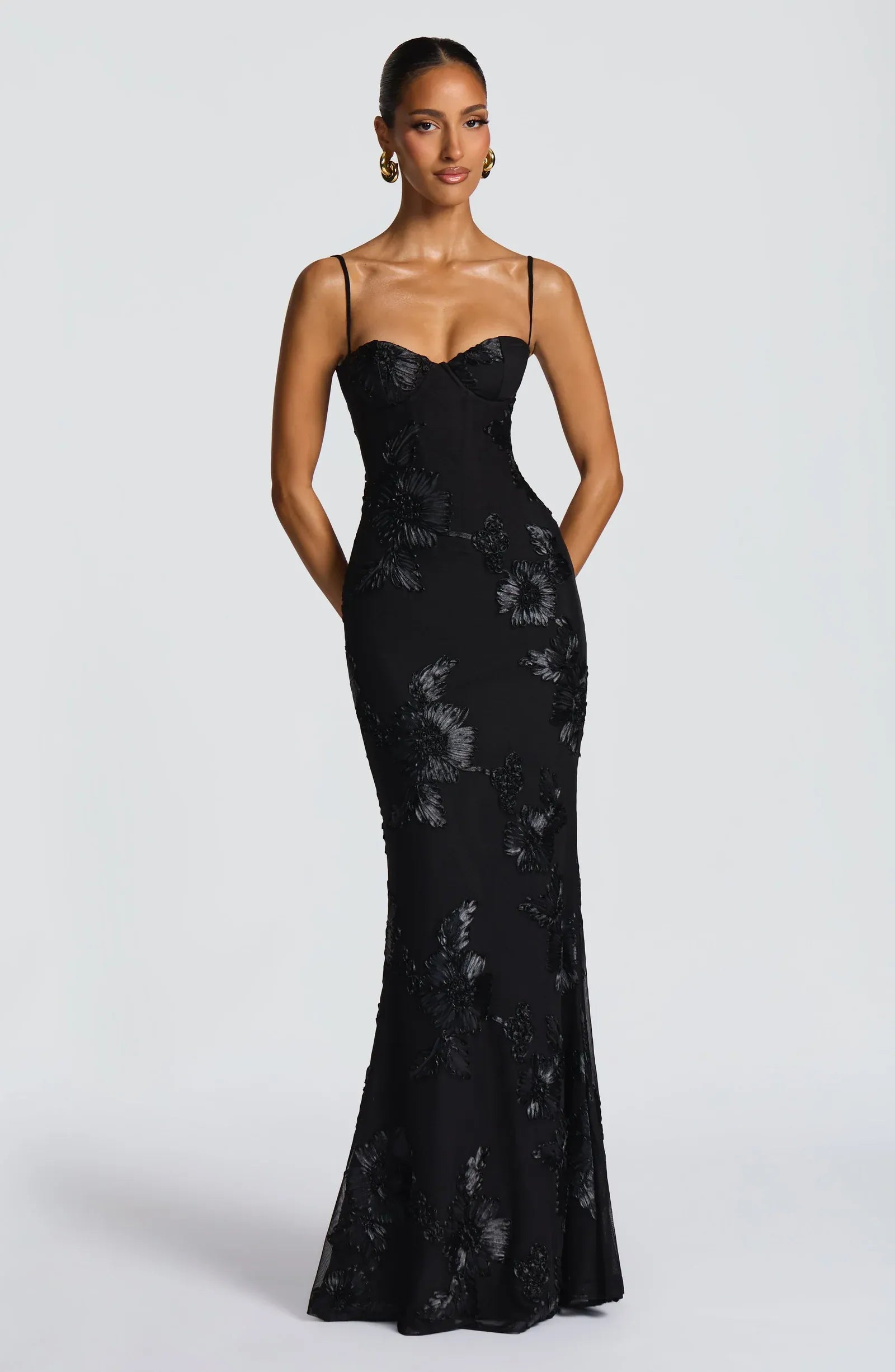 Thin Strap Bustier 3D Floral Lace Criss Cross Back Black Mesh Mermaid Maxi Wedding Guest Dresses