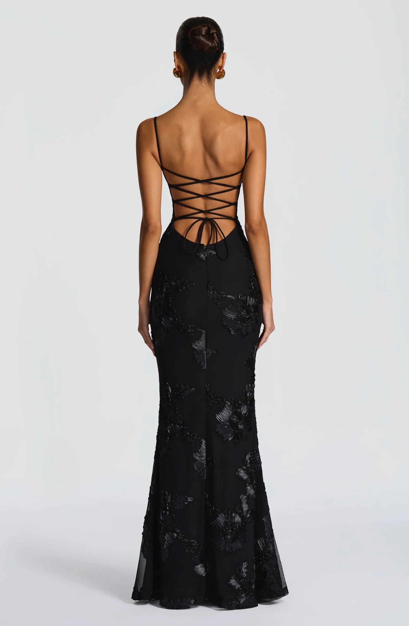 Thin Strap Bustier 3D Floral Lace Criss Cross Back Black Mesh Mermaid Maxi Wedding Guest Dresses