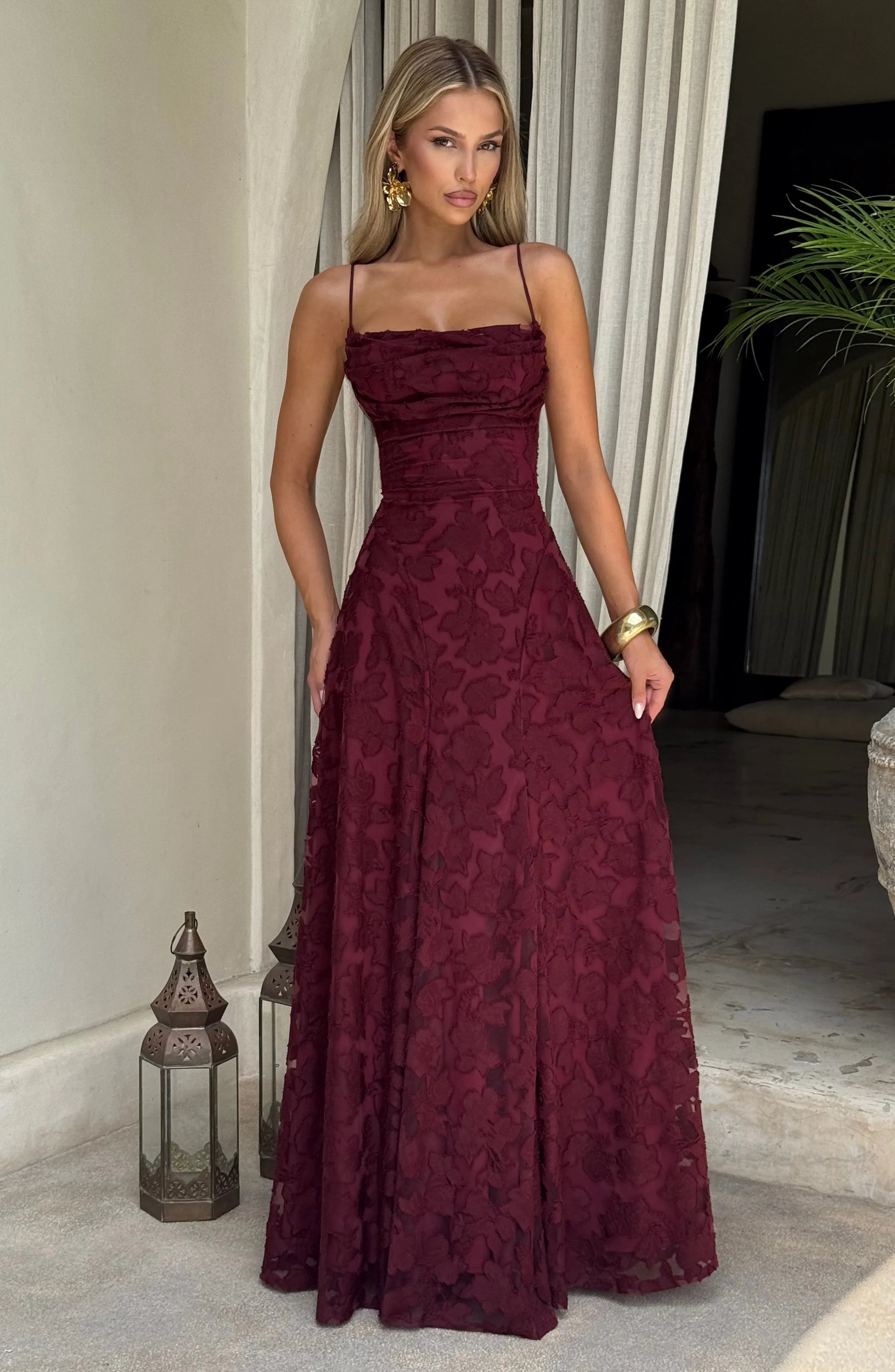 Thin Strap Cowl Neck 3D Floral Mesh Criss Cross Back Burgundy A Line Maxi Wedding Guest Dresses