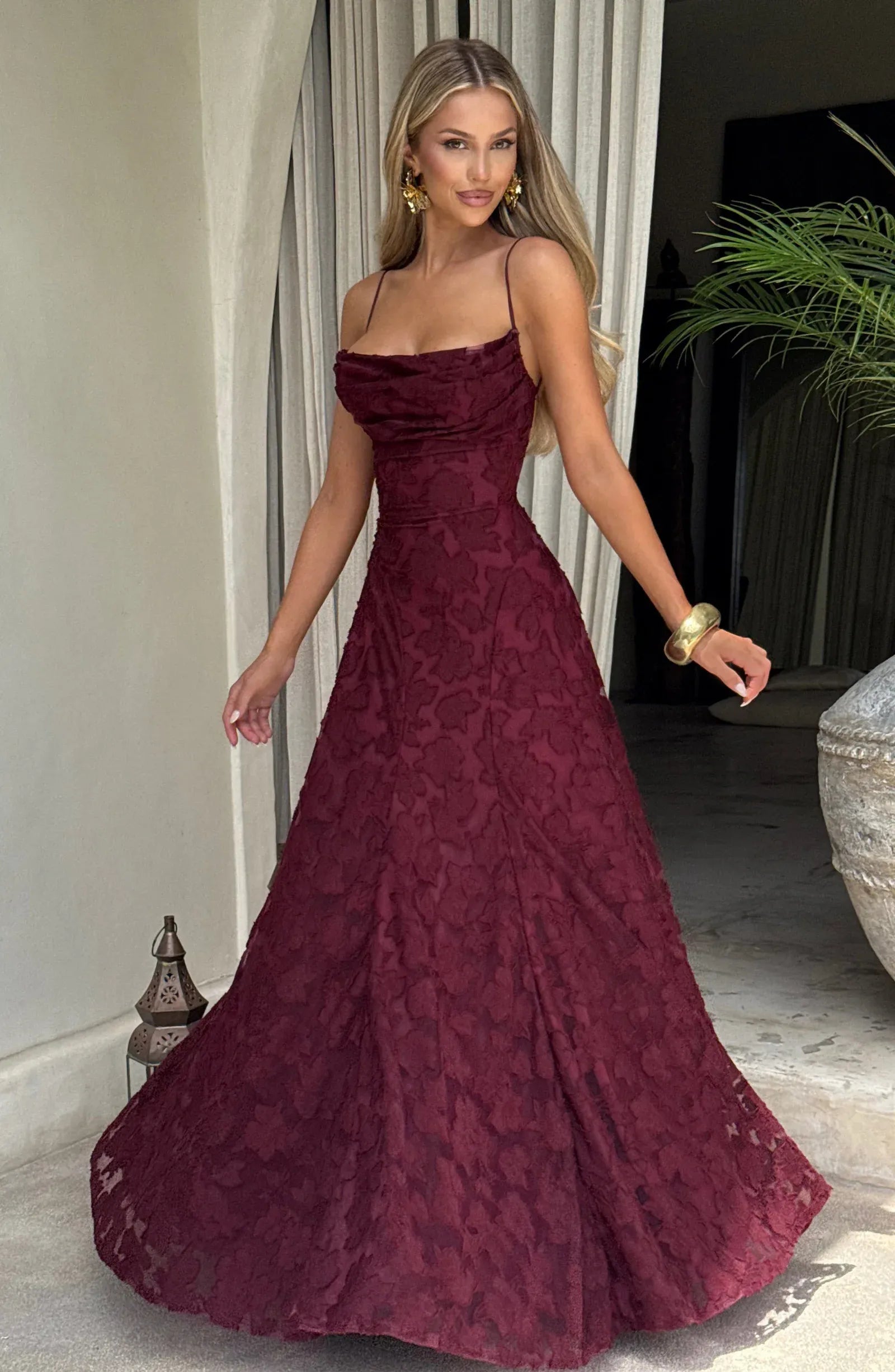 Thin Strap Cowl Neck 3D Floral Mesh Criss Cross Back Burgundy A Line Maxi Wedding Guest Dresses