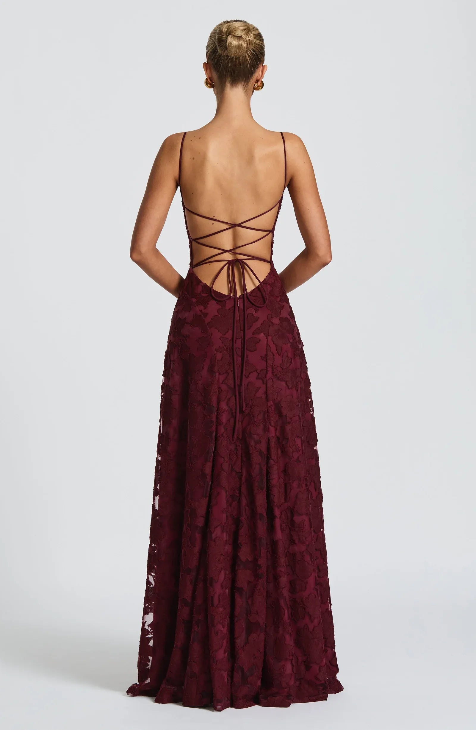 Thin Strap Cowl Neck 3D Floral Mesh Criss Cross Back Burgundy A Line Maxi Wedding Guest Dresses