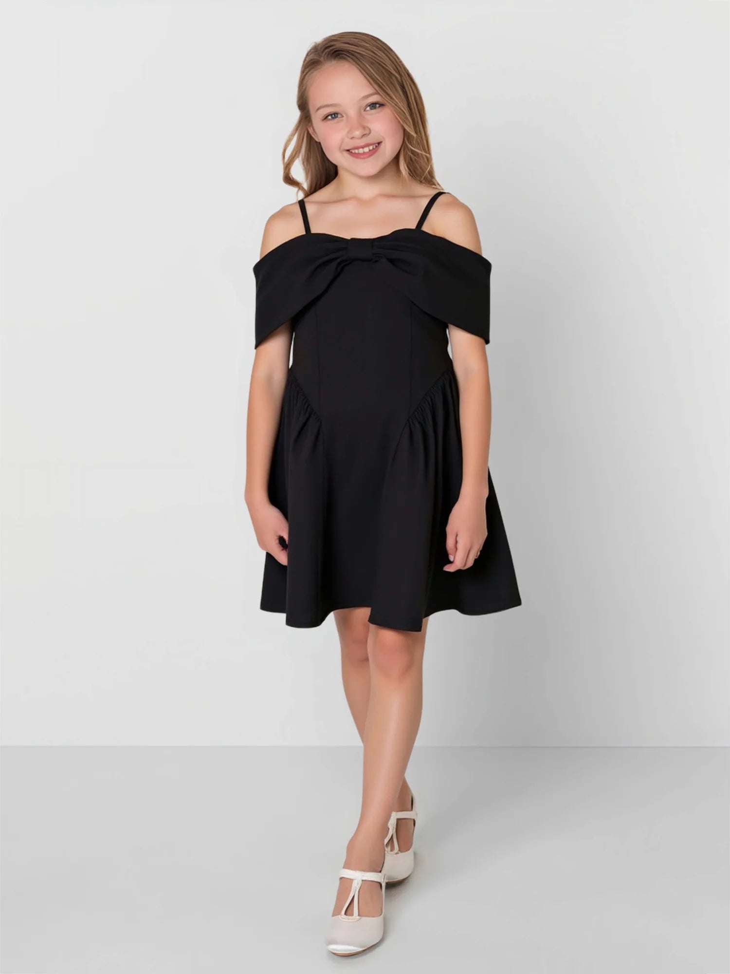 Thin Strap Off Shoulder Big Bow Ruched Skirt Black Short Flower Girl Dresses
