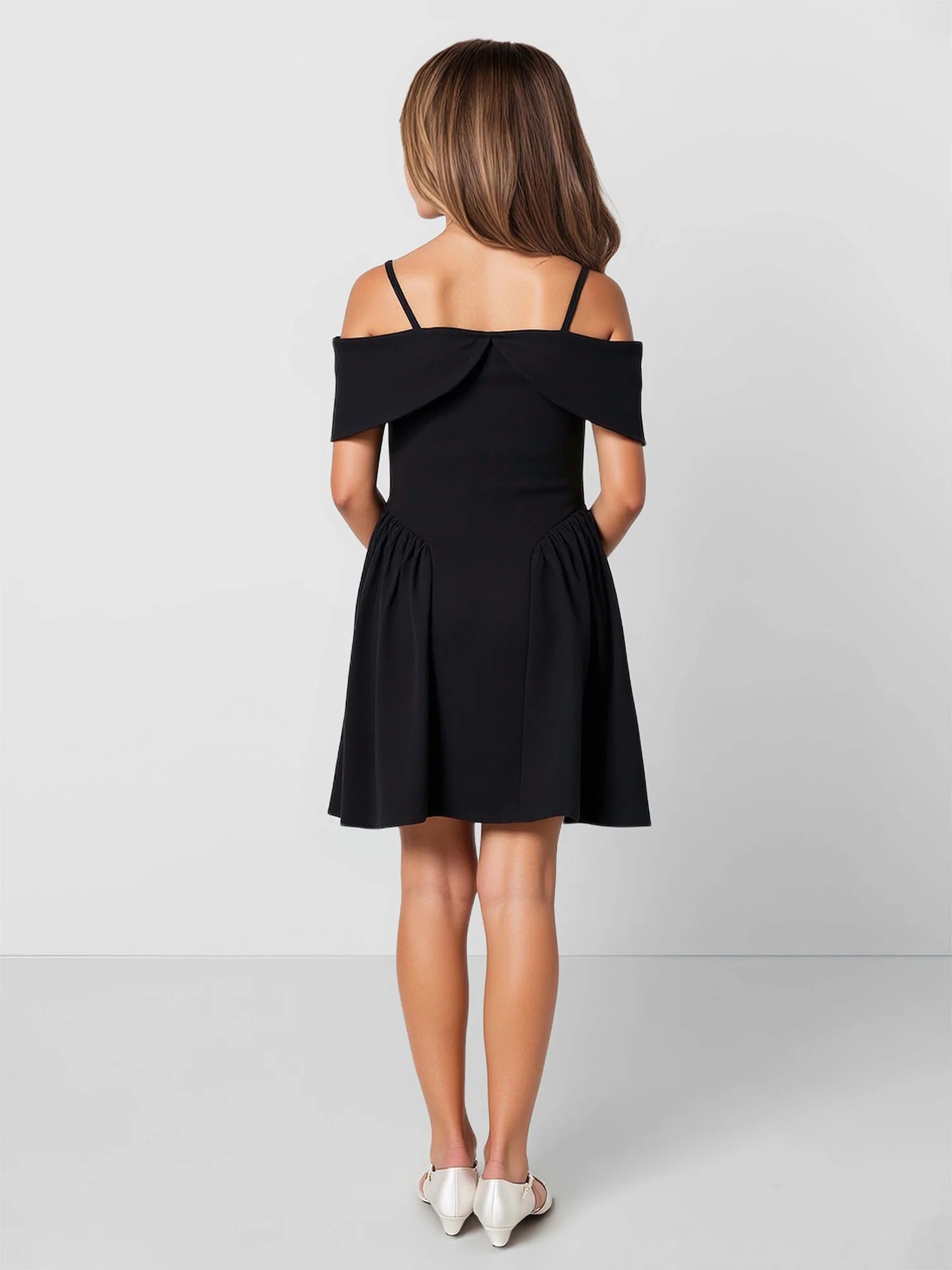 Thin Strap Off Shoulder Big Bow Ruched Skirt Black Short Flower Girl Dresses