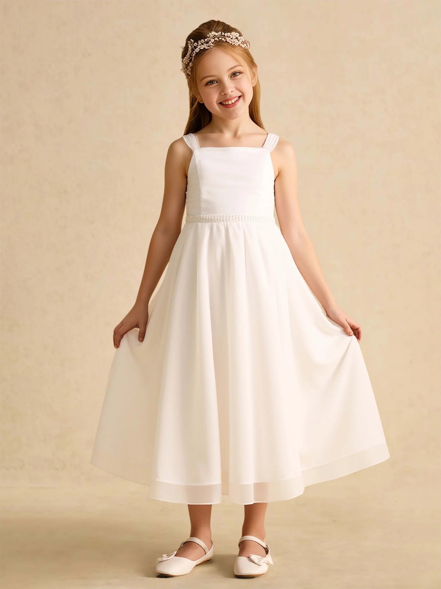 Thin Strap Square Pearl Waist Band Back Bow White Chiffon Midi Flower Girl Dresses