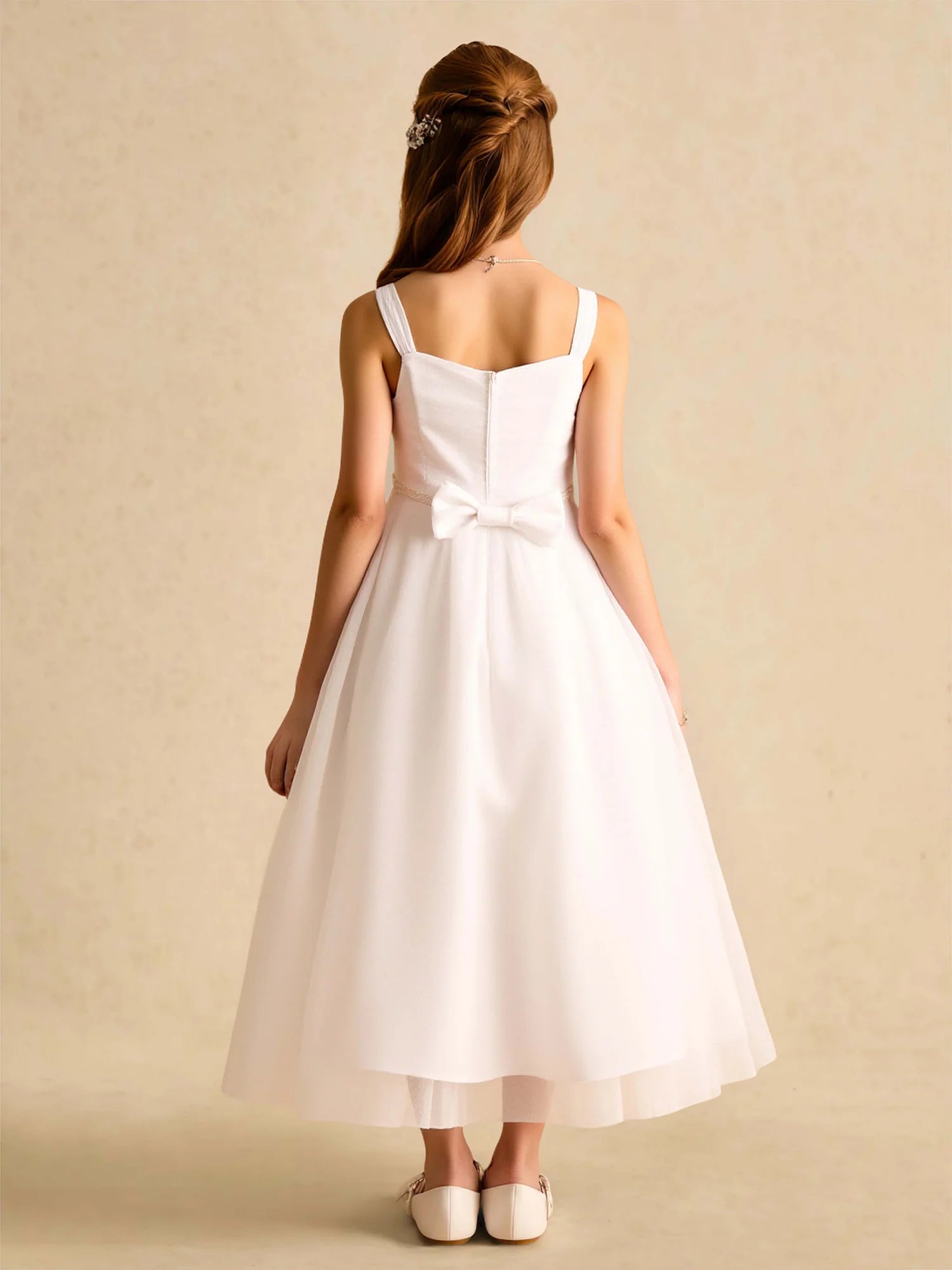 Thin Strap Square Pearl Waist Band Back Bow White Chiffon Midi Flower Girl Dresses