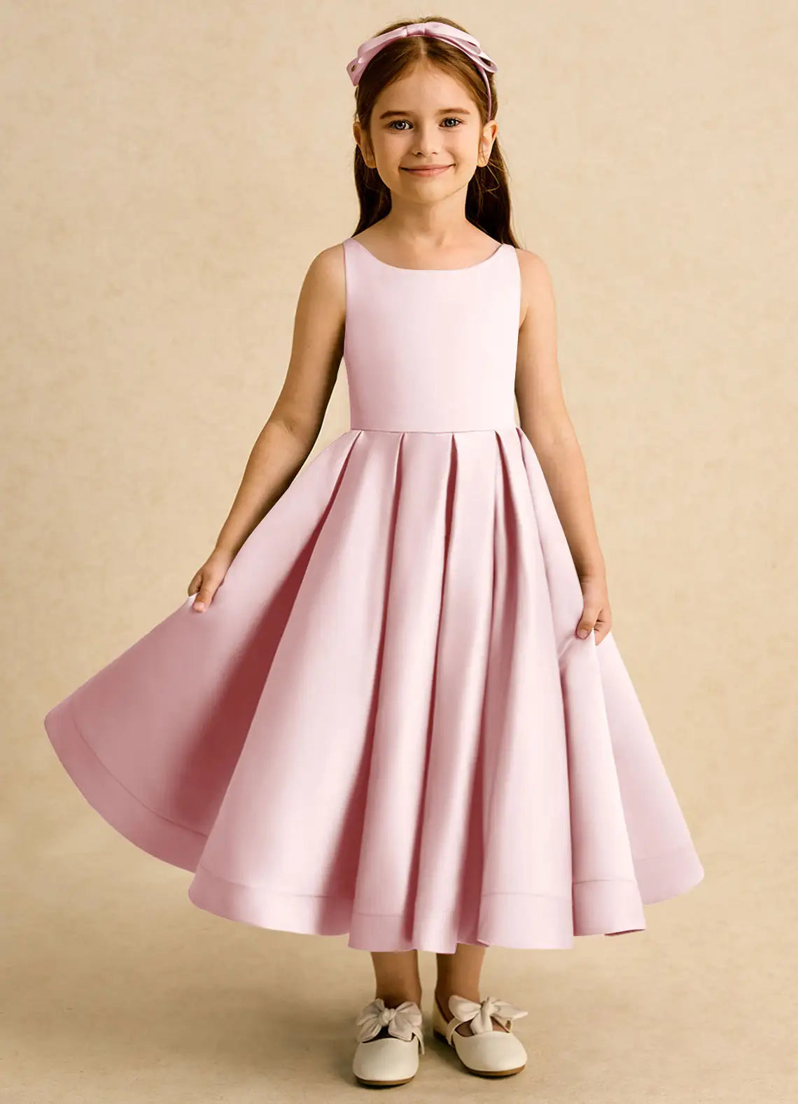 Thin Strap U-Back Giant Satin Bow Blush Pink Satin Midi Flower Girl Dresses