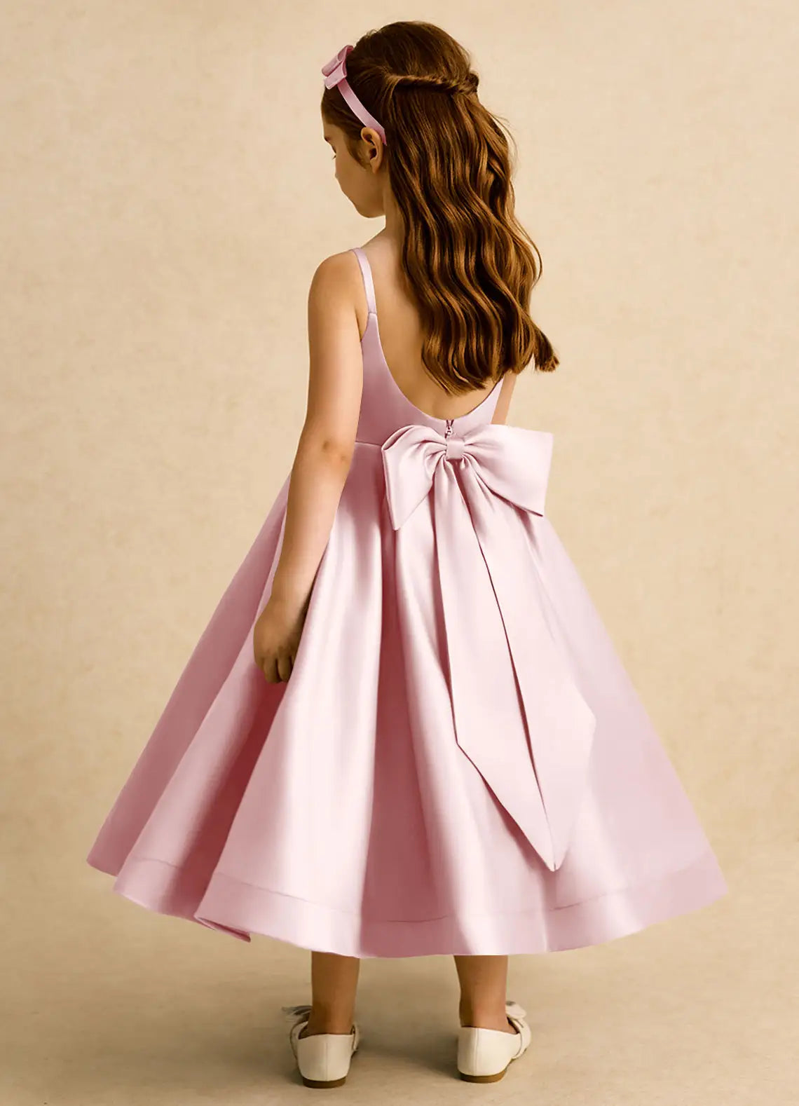 Thin Strap U-Back Giant Satin Bow Blush Pink Satin Midi Flower Girl Dresses