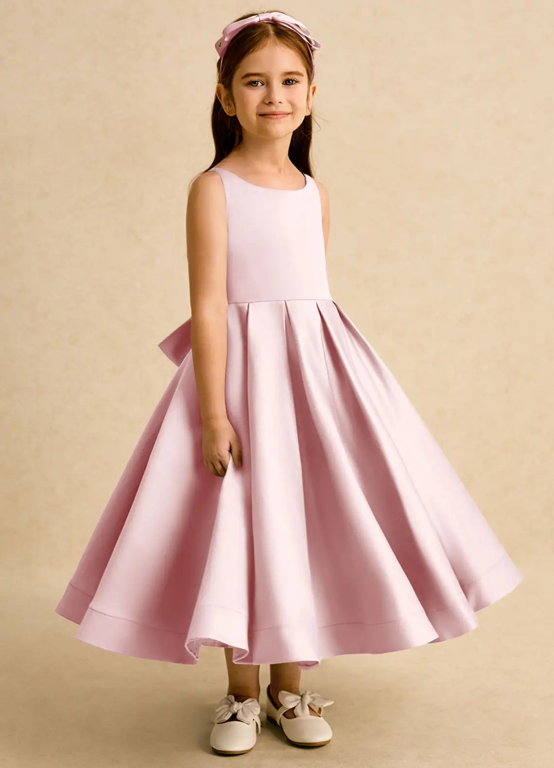 Thin Strap U-Back Giant Satin Bow Blush Pink Satin Midi Flower Girl Dresses