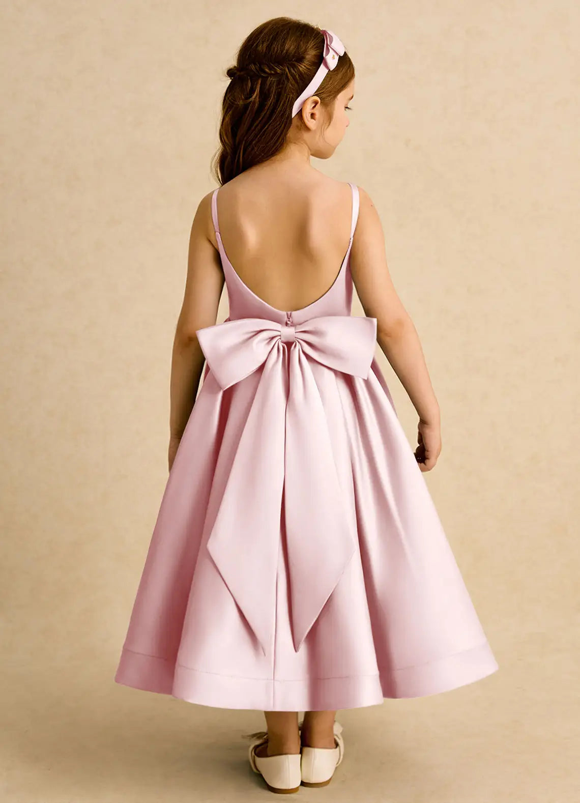 Thin Strap U-Back Giant Satin Bow Blush Pink Satin Midi Flower Girl Dresses